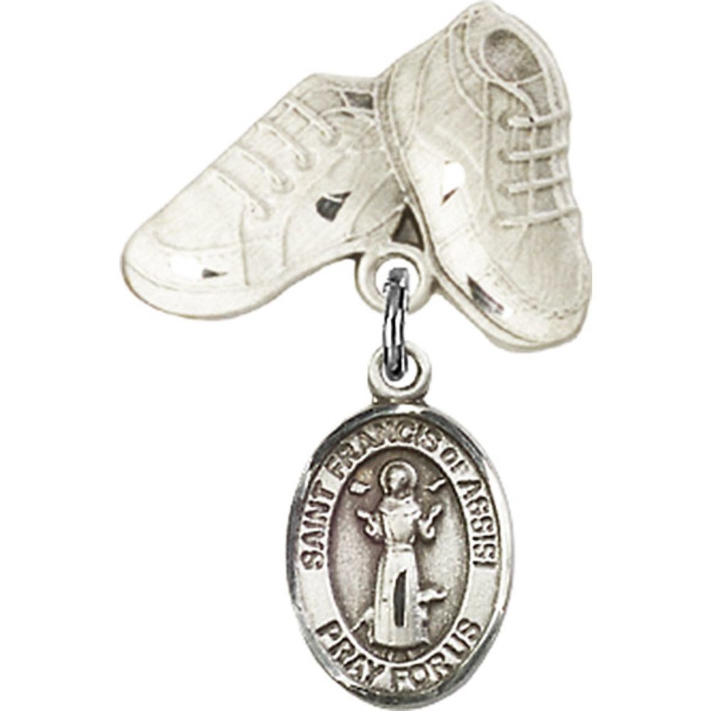 St. Francis of Assisi Sterling Silver Baby Badge Charm with Baby Boots Pin - 1 X 5/8 Inch - Perfect for Christening, Baptism & Newborn Gifts