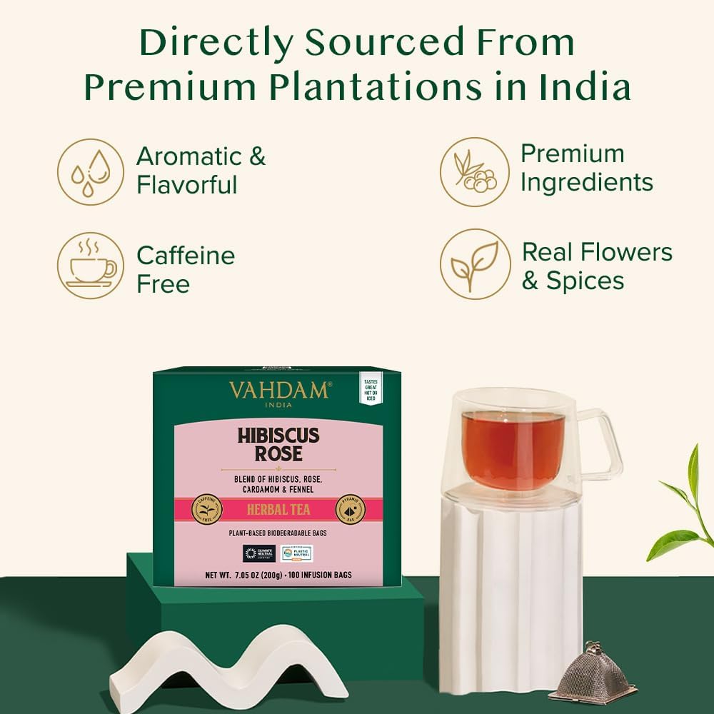 VAHDAM Hibiscus Rose Herbal Tea Bags - 100% Natural Whole Hibiscus Flowers with Rose Petals, Chamomile & Exotic Spices (100 Count) | Caffeine-Free Floral Infusion | Resealable Ziplock Pouch | Perfect for Relaxation, Detox & Afternoon Tea Time