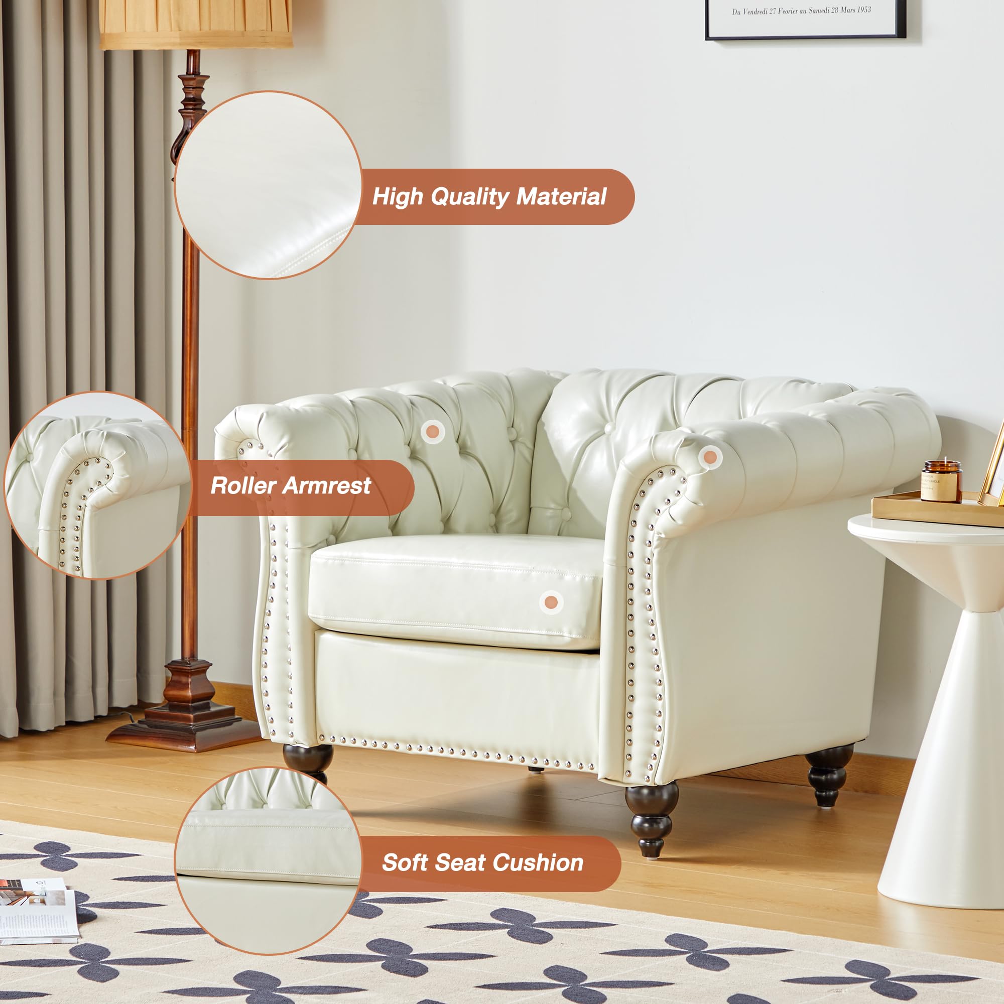 3-Piece Chesterfield Faux Leather Living Room Set - Sofa, Loveseat & Chair with Scroll Arms & Nailhead Trim - Elegant White Furniture for Home, Office & Lounge (Perfect for Small Spaces & Modern Decor)
