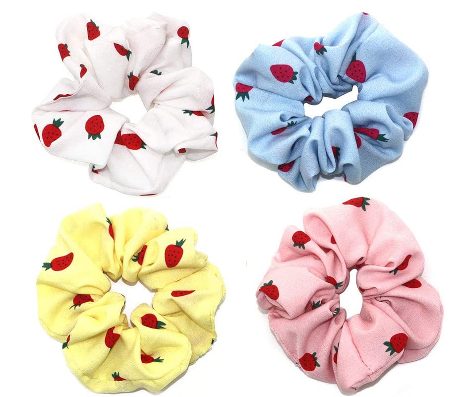 4PCS Elastic Hair Scrunchies for Women - Soft Hair Bands, Hair Ties, Ponytail Holders (Strawberry Pattern) - Perfect for Workouts, Office, and Everyday Styling