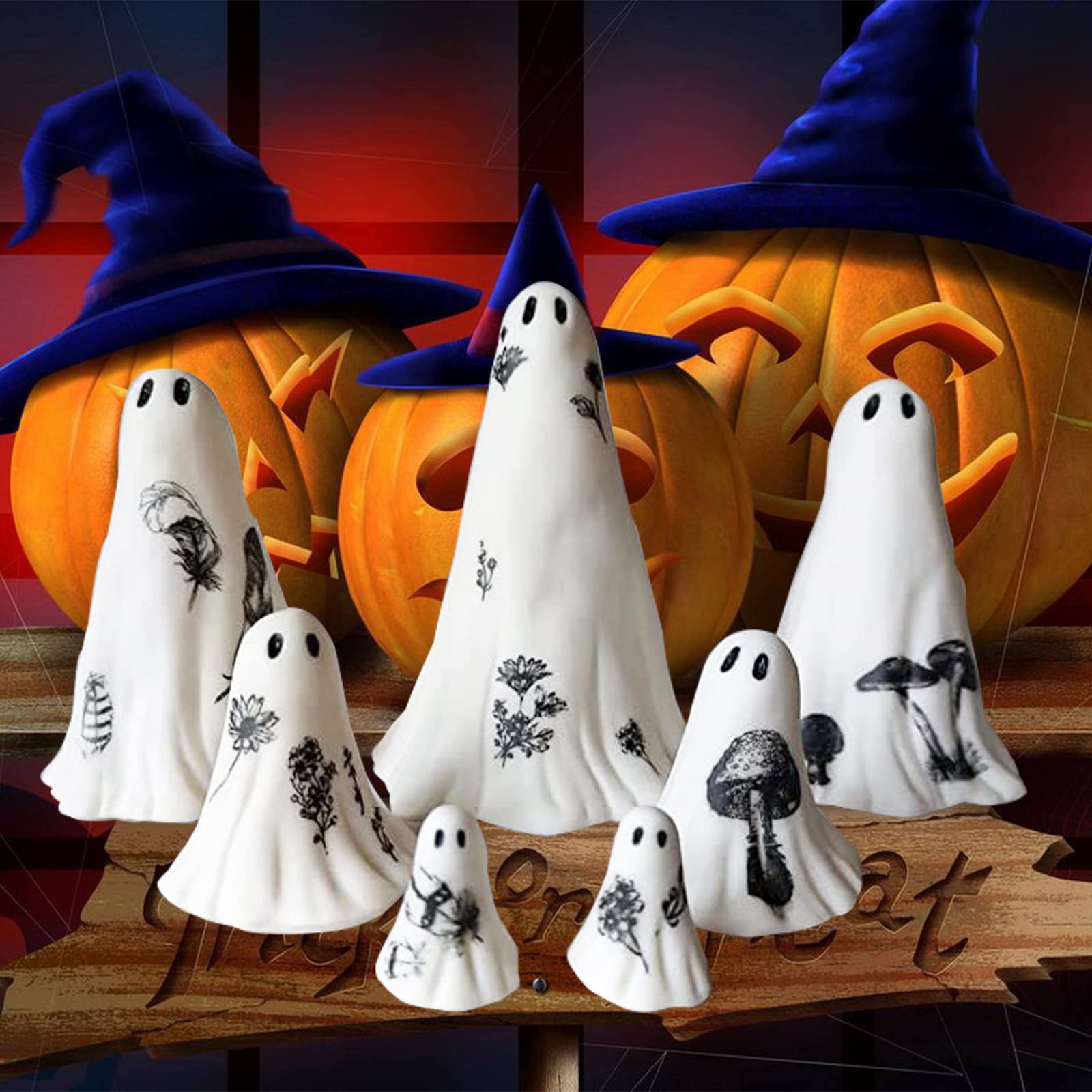 Handmade White Ceramic Ghost Sculpture Set - Spooky Halloween Decor for Home, Office & Party - Cute Ghost Statue Ornaments for Desktop, Shelf & Mantel - Perfect Halloween Gift & Seasonal Home Decor (7-Piece Set)