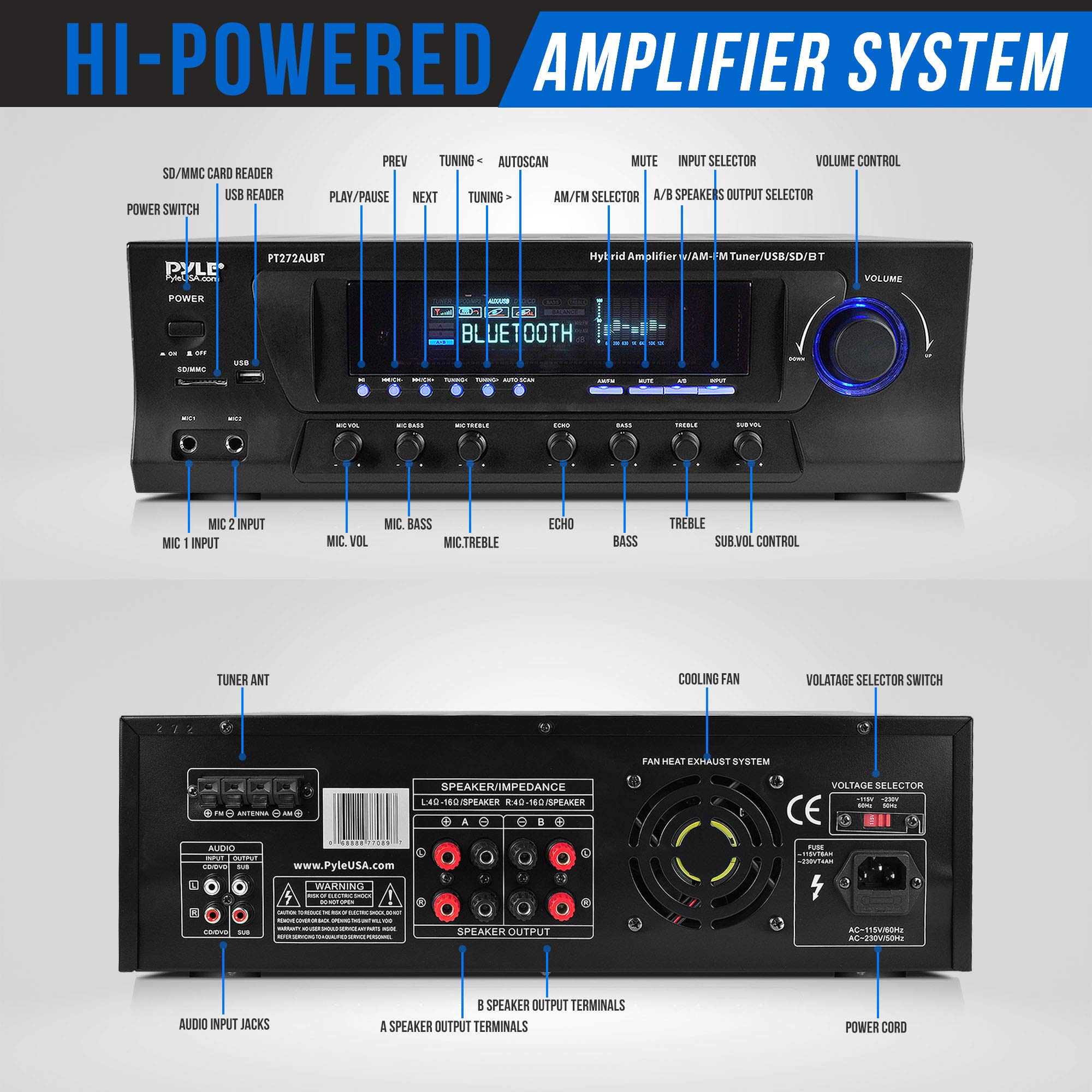 Pyle Wireless Bluetooth Audio Power Amplifier - 300W 4 Channel Home Theater Stereo Receiver with USB, AM/FM Radio, 2 Mic Inputs with Echo, RCA, LED Display, Speaker Selector - Perfect for Studio, Home Theater, Karaoke & Party Use - PT272AUBT (Black)