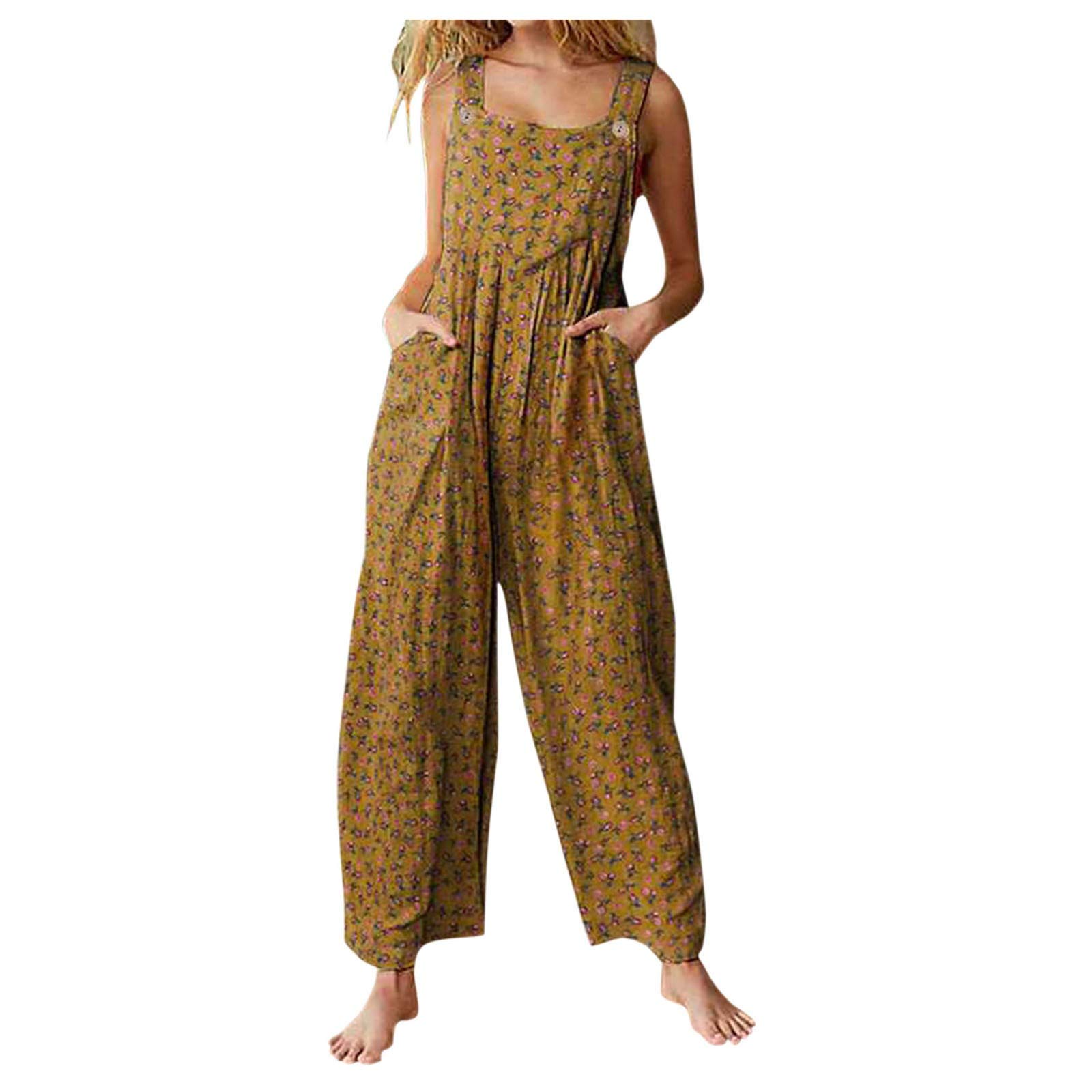Vintage Floral Print Women's Jumpsuit with Wide Straps & Pockets - Long Sleeve Black Romper for Women (Yellow, XXL) | Casual Outfit, Summer Fashion, Boho Chic Style