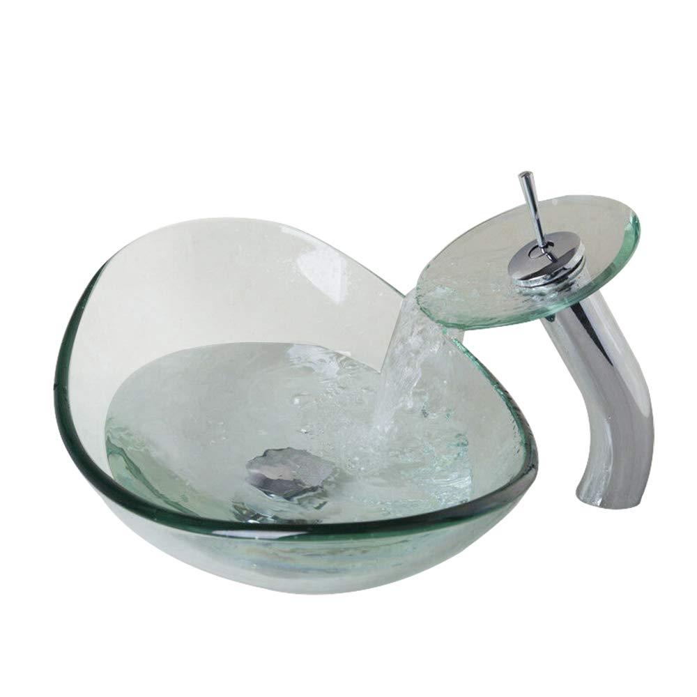 Transparent Glass Waterfall Bathroom Sink Faucet Set with Pop-Up Drain - Chrome & Brass Basin Mixer Tap for Modern Lavatory | Perfect for Contemporary Home & Hotel Bathroom Renovations