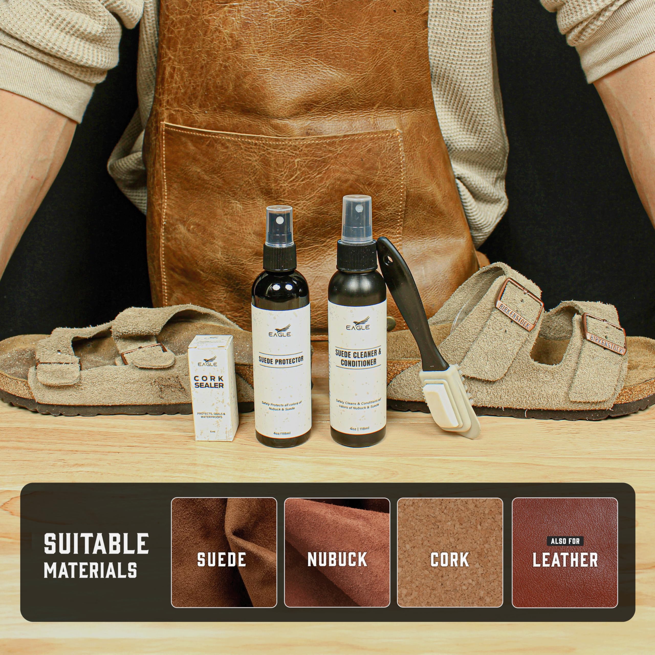 **Eagle Sandal & Clog Complete Care Kit – Compatible with Birkenstocks – Suede & Nubuck Cleaner, Conditioner, Protector, Cork Sealer, 3-Way Brush, Eraser & Microfiber Cloth – Perfect for Sandals, Clogs & Footwear Maintenance**    *(Use for cleaning, conditioning, and protecting suede, nubuck, and cork materials to extend the life of your favorite sandals and clogs.)*