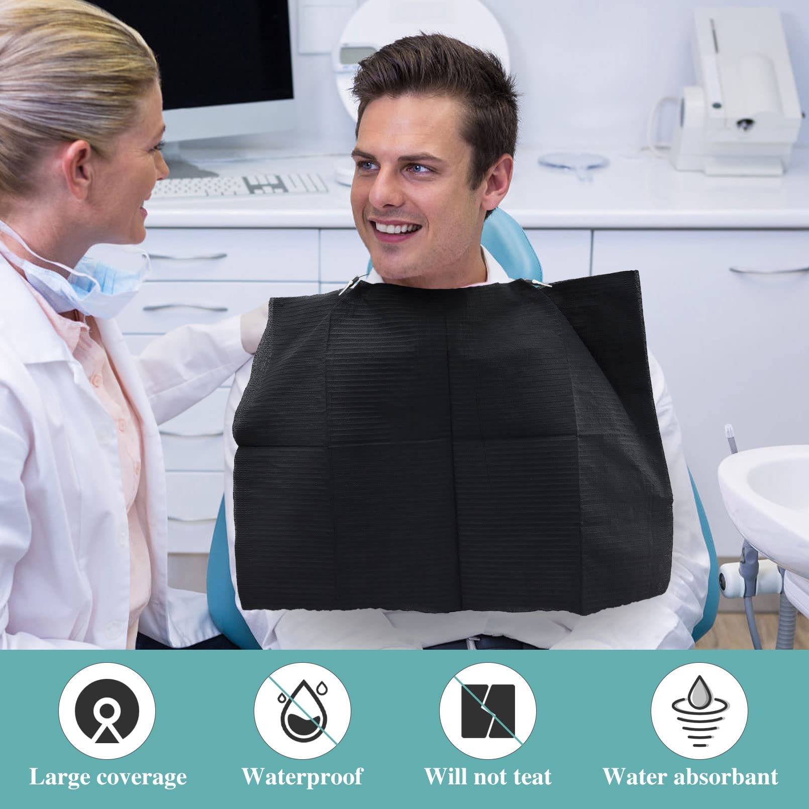 125 Pack Black Dental Bibs - 3 Ply Disposable Waterproof Dental Bibs Sheets (13