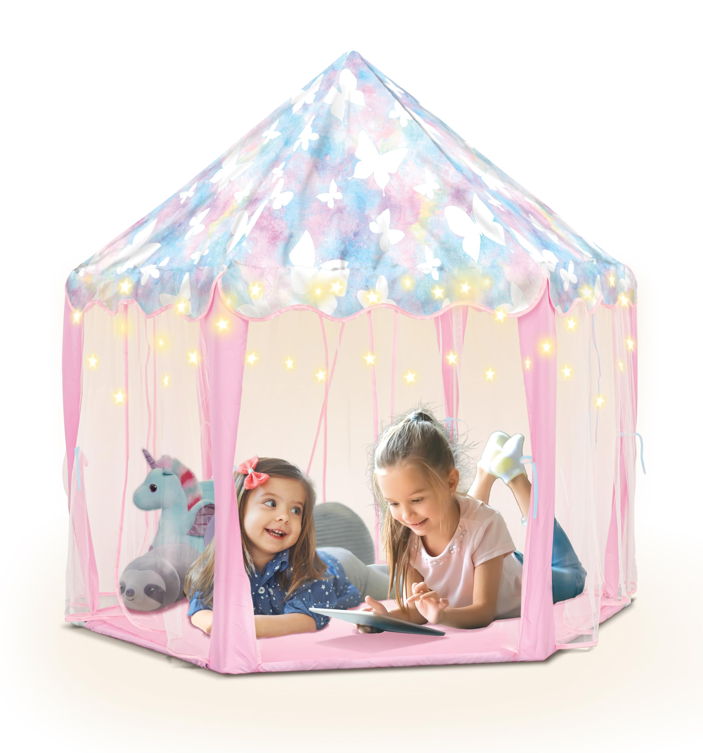Heyu! Fairyland Fort Playhouse Play Tent with Star Lights - Indoor & Outdoor Kids Play Tent, Butterfly Princess Castle Toy for Girls & Boys - Perfect for Birthday Gifts, Pretend Play, Bedroom Decor & Backyard Fun