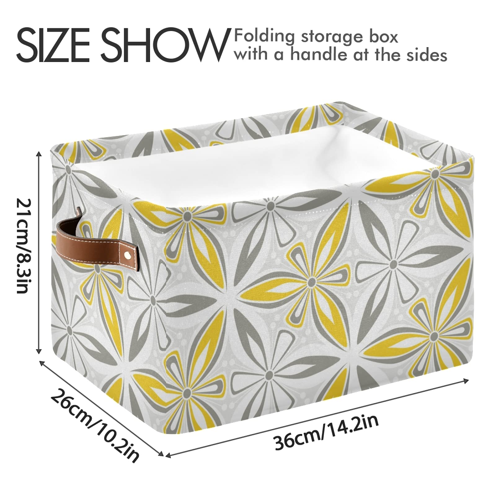 Susiyo Grey Yellow Geometric Flower Storage Bins - 14 x 10 Inch Canvas Storage Basket for Shelves, Closet Organizing (1 Piece) - Perfect for Home Decor, Bedroom Storage & Kids' Room Organization