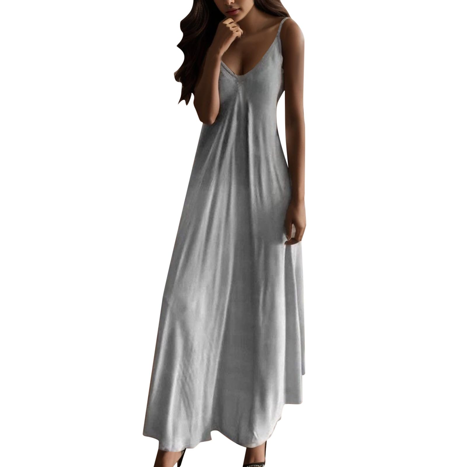 Elegant Women's V-Neck Solid Evening Dress 2024 - Spaghetti Straps Sleeveless Maxi Cocktail Dress with Color Changing Effect | Perfect for Parties, Weddings & Formal Events