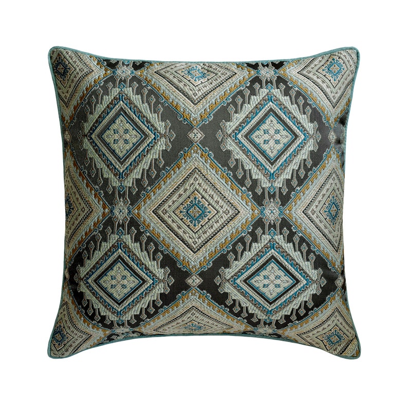 Aztec Inspired Blue Jacquard Silk Euro Sham Pillow Cover - Elegant Decorative Throw Pillow for Bedroom, Sofa & Living Room Decor