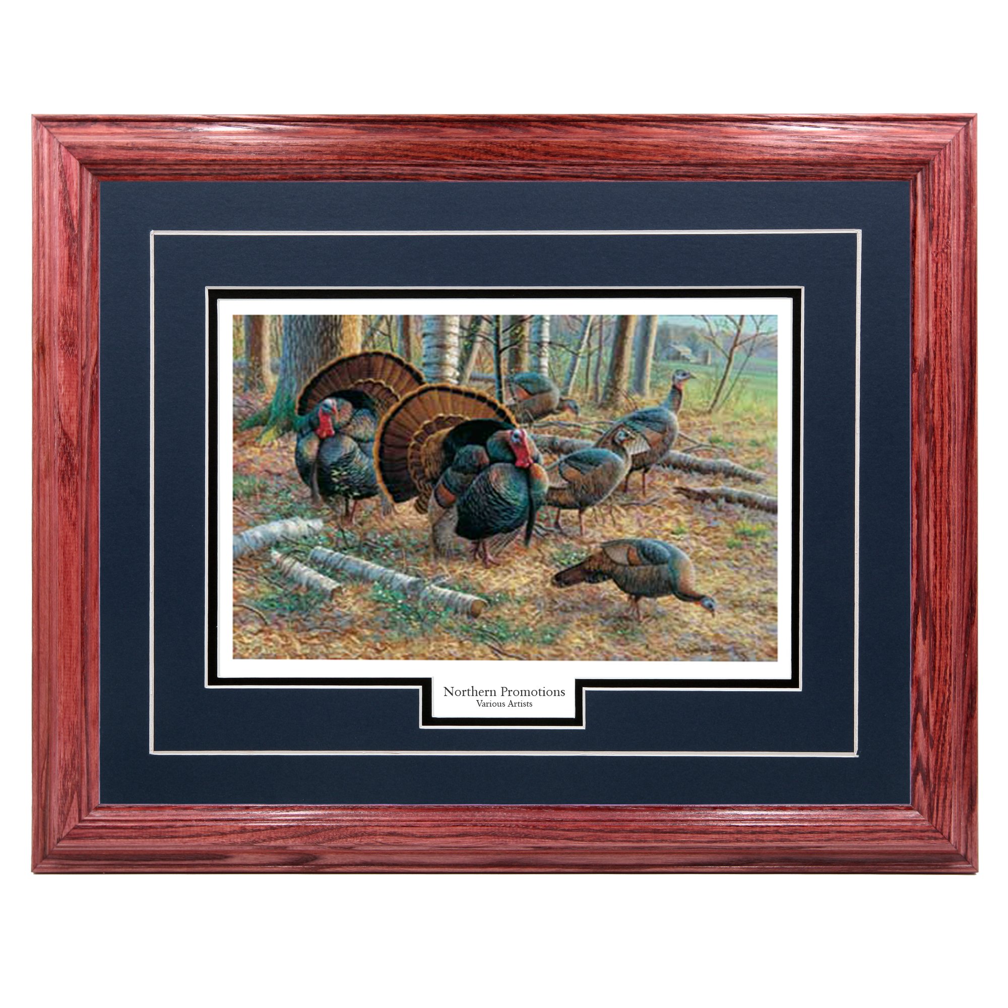Turkey Spring Strut Wall Art - Hardwood Picture Frame Wildlife Hunting Decor - Cherry Wood Frame with Blue Mat - 17x21 Inch Wildlife Print Painting - Perfect for Cabin, Lodge, or Hunting Room Decor