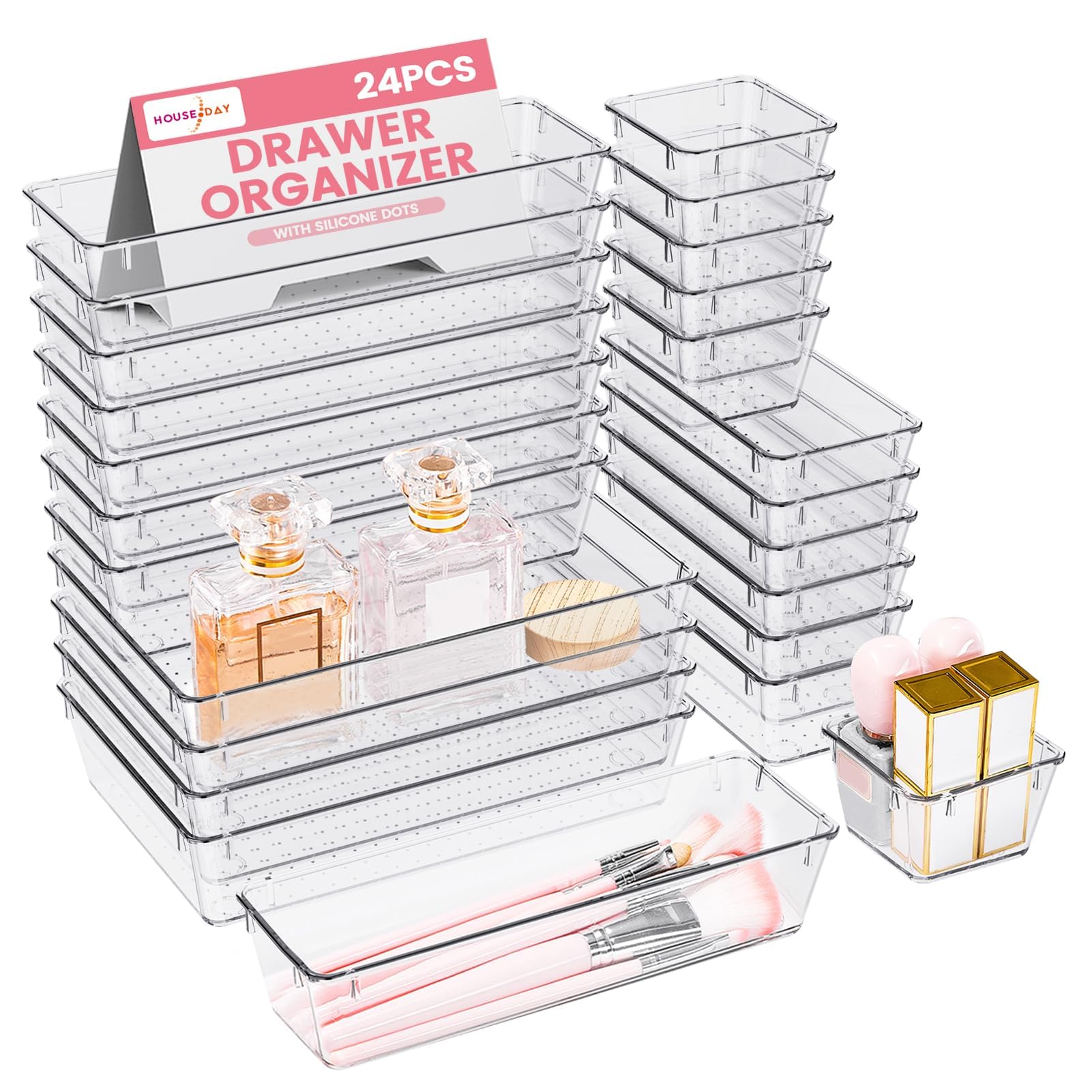 HOUSE DAY 24-Piece Clear Makeup Drawer Organizer Set with Non-Slip Silicone Pads - 4-Size Vanity Storage Trays for Cosmetics, Jewelry & Small Items - Perfect for Desk, Bathroom, Kitchen & Office Organization