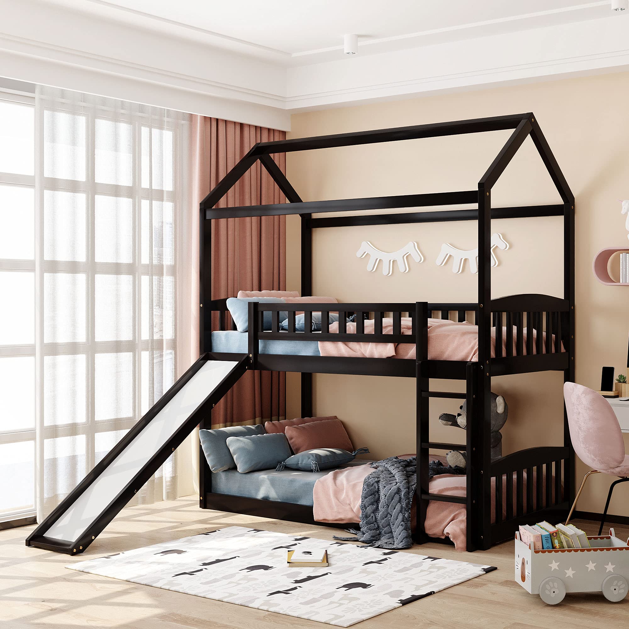 P PURLOVE Twin Over Twin Bunk Bed with Slide for Kids - Wooden House Style Bunk Bed, No Box Spring Needed - Perfect for Kids' Bedrooms, Playrooms & Small Spaces