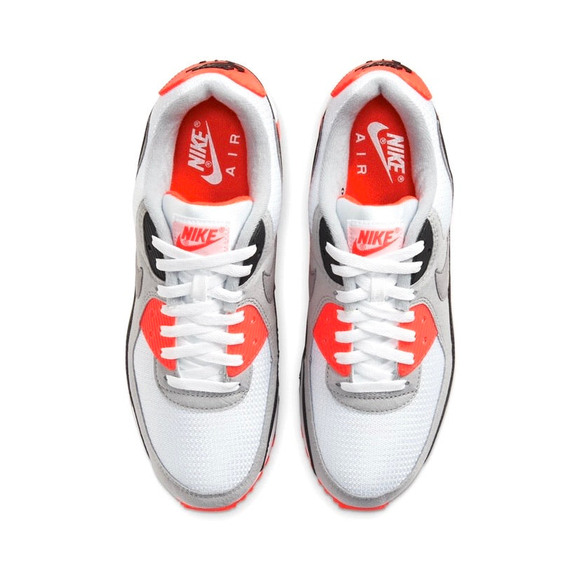 Nike Air Max 90 Radiant Red Infrared 30th Anniversary Sneakers - White Black Cool Grey OG Retro Running Shoes for Men & Women | Gym Workout, Casual Wear, Street Fashion