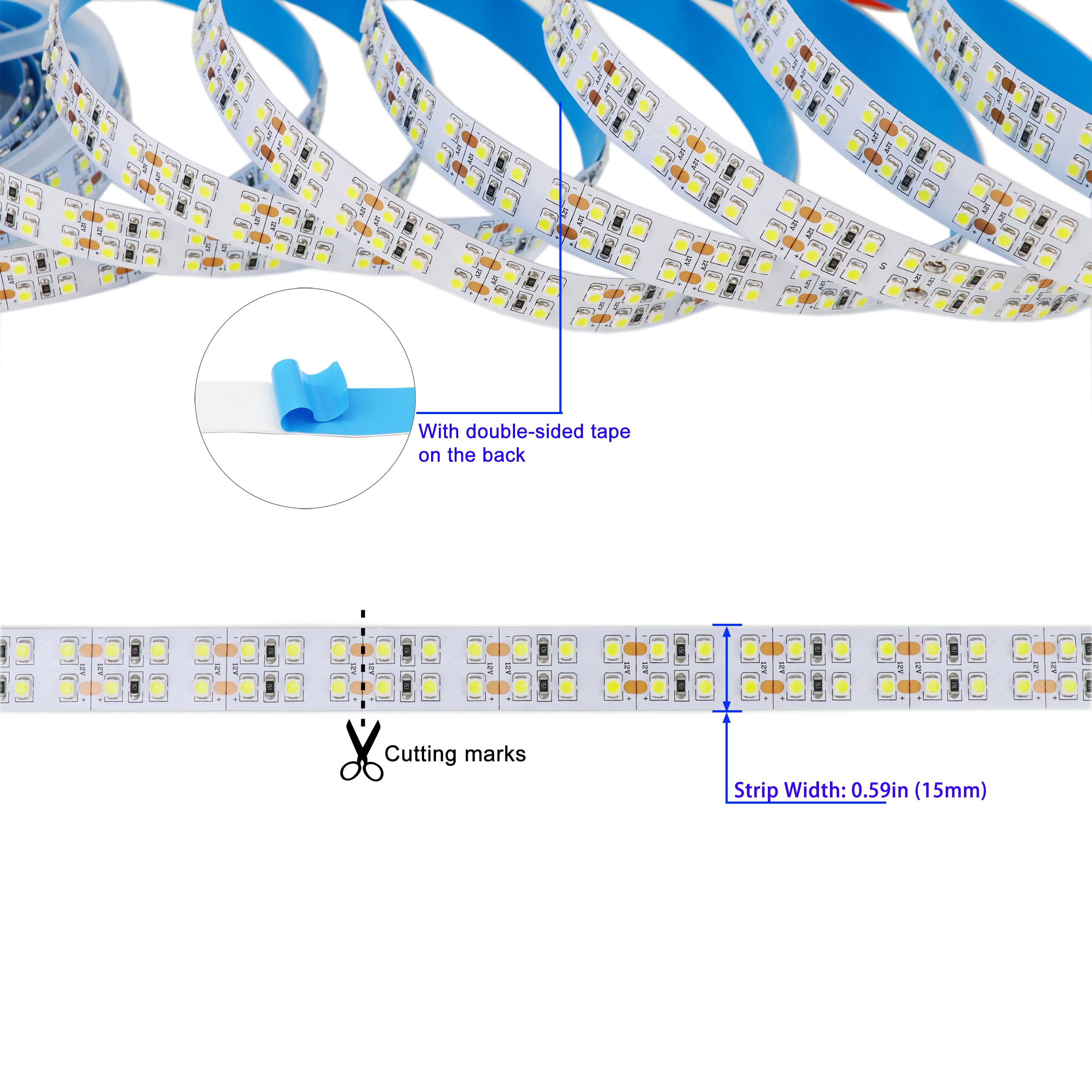 3528 SMD 6000K Cool White LED Strip Lights - 12V DC, 1200 LEDs, 16.4Ft Flexible Tape Light for Bedroom, Kitchen, Cabinet, Home Decoration - Non-Waterproof Ribbon Lamp (Ideal for Accent Lighting, Under Cabinet Illumination & DIY Projects)
