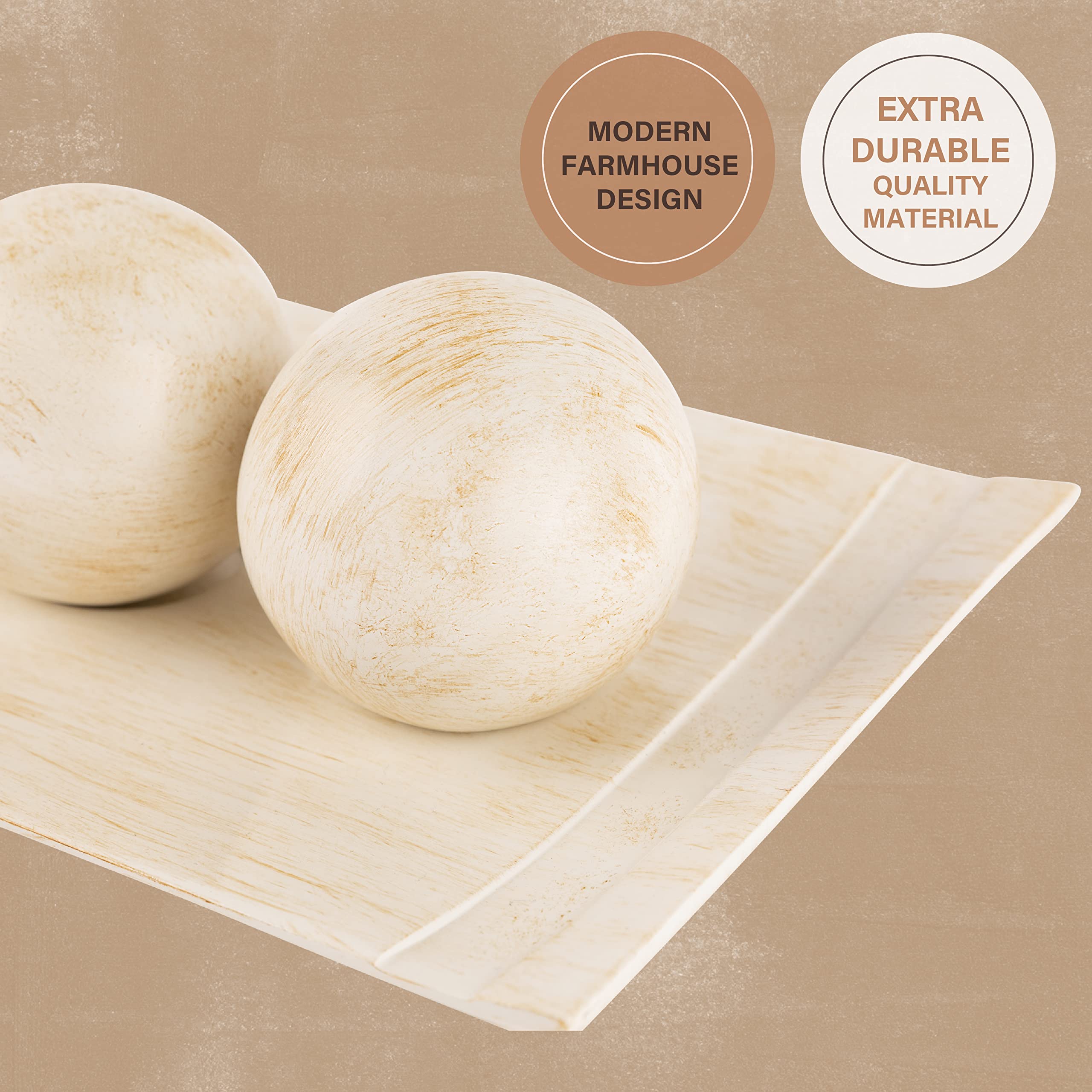 Creative Scents Rustic Luxe Decorative Tray & Orb Set - Modern Farmhouse Centerpiece for Coffee Table, Dining Table Decor - Handcrafted Wooden Bowl with Decorative Balls - Perfect for Living Room, Entryway & Wedding Decor