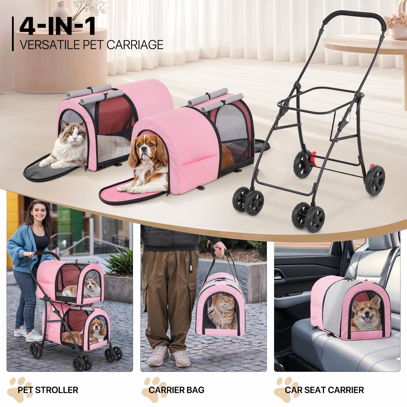 MoNiBloom Double Dog Stroller with Removable Carrier Bags - Large 4-Wheel Foldable Pet Jogger for Small & Medium Dogs & Cats (Pink/Gray) - Perfect for Park Walks, Vet Visits & Outdoor Adventures