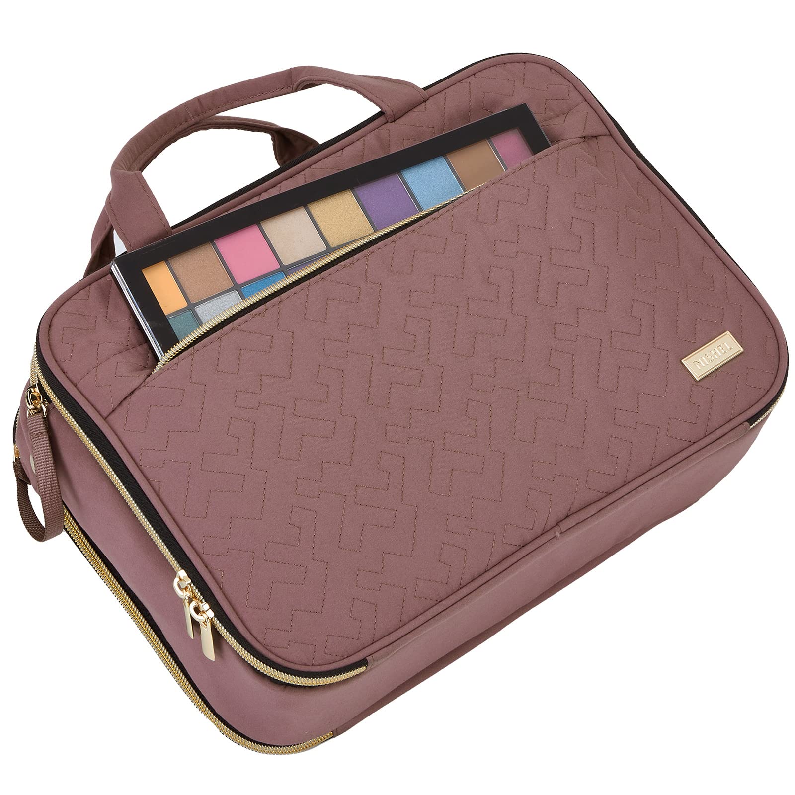 NISHEL Travel Makeup Bag Organizer - Portable Stand Up Cosmetic Case for Toiletries | Rosewood-Pink | Perfect for Vacation, Business Trips & Daily Use