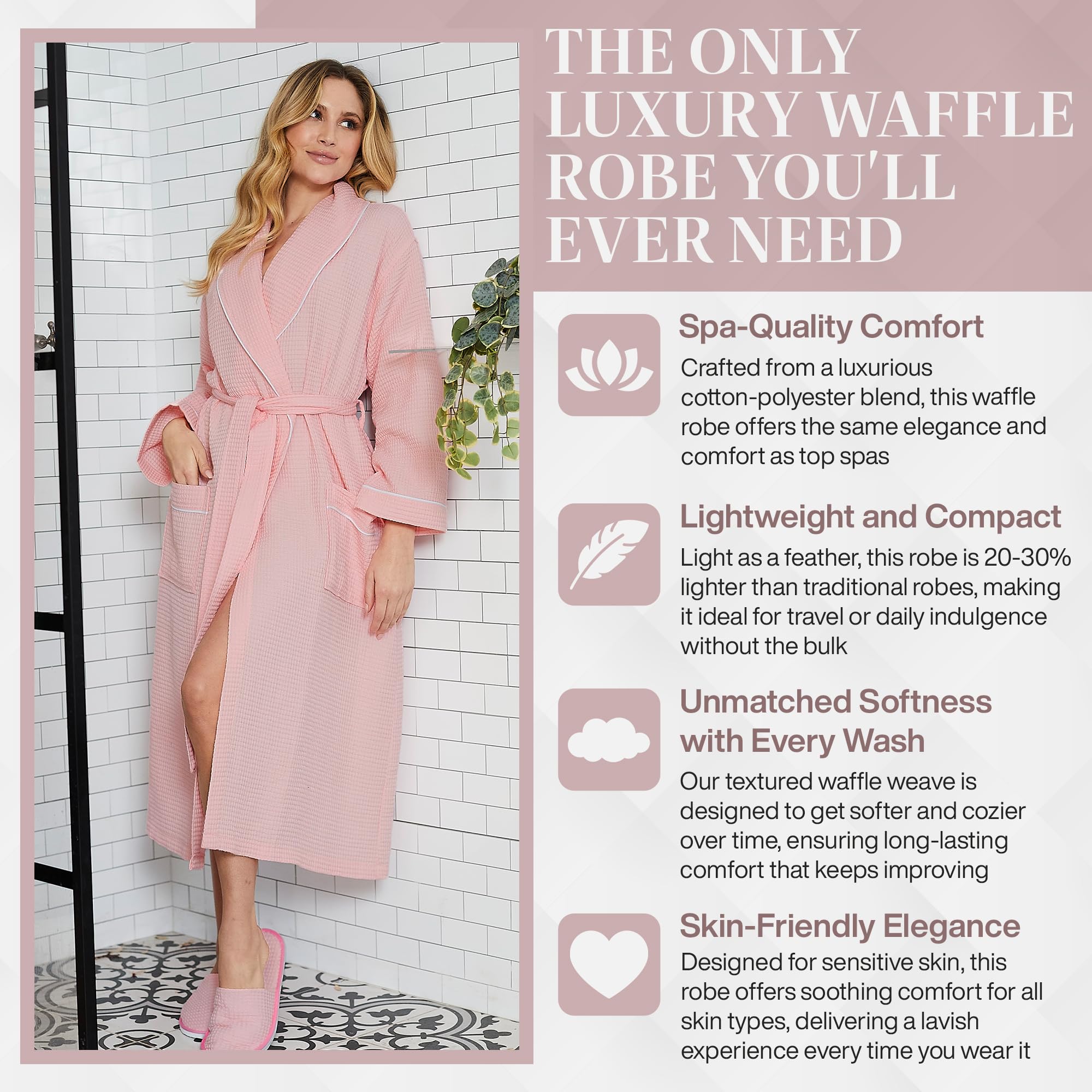 Lotus Linen Women's Lightweight Waffle Weave Robe - Soft Long Cotton Bathrobe - Kimono Style Spa Bathrobe for Women - Perfect for Relaxation, Lounging & After Shower