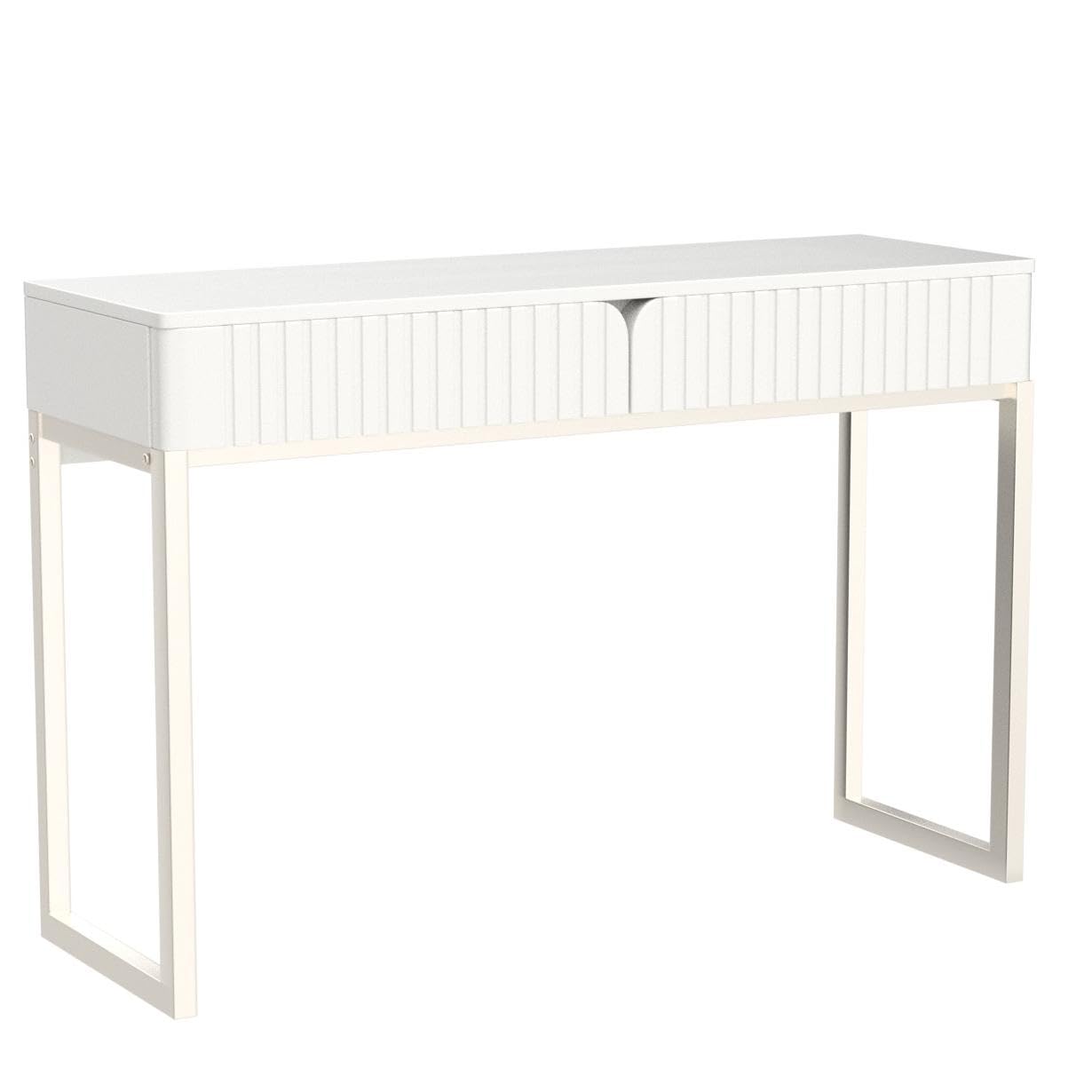 White Vanity Desk with 2 Drawers - Modern Silver & White Home Office Desk, Glossy Makeup Table with Wood Top & Metal Legs - Perfect for Writing, Computer Work & Standing Desk Setup in Bedroom or Office