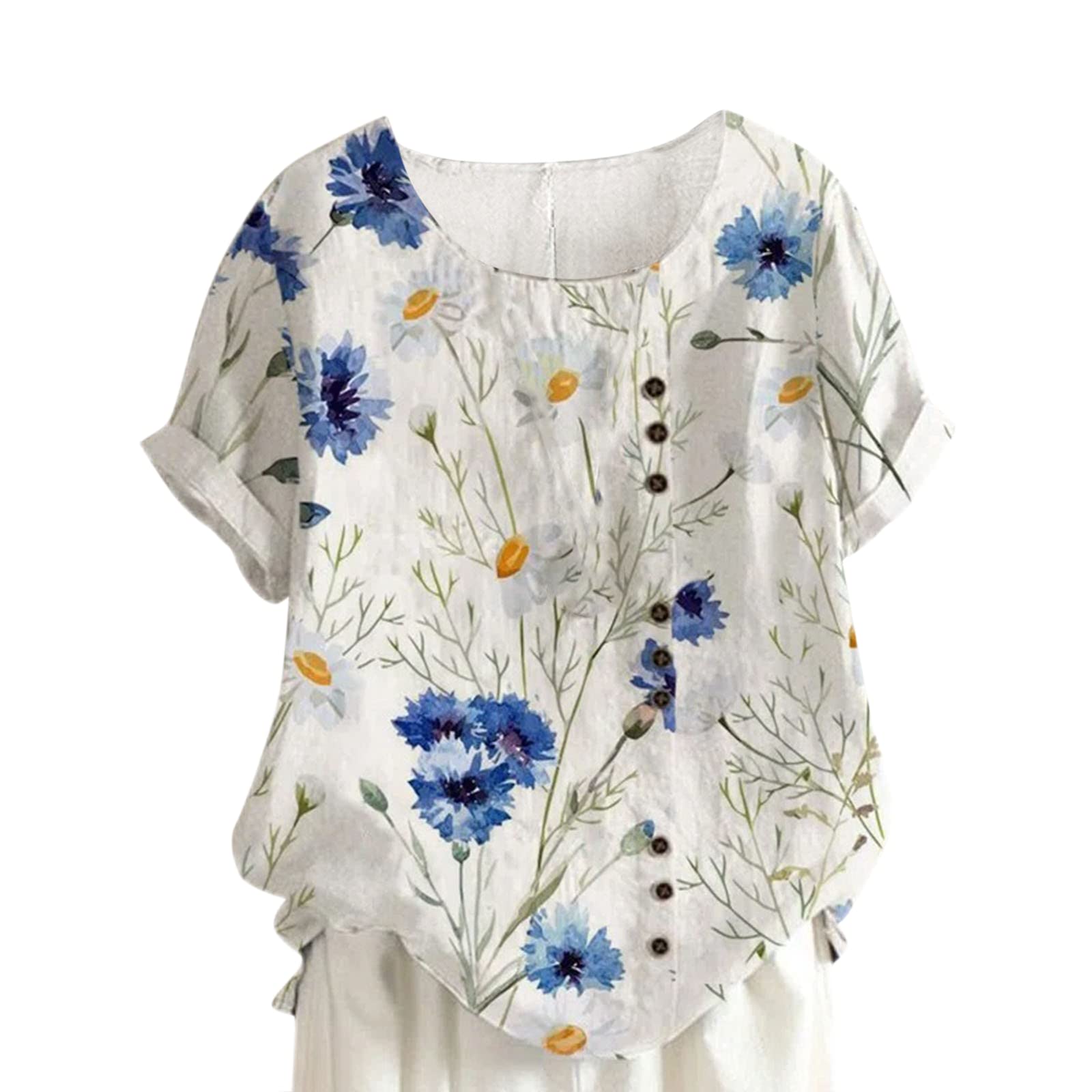 Women's Floral Short Sleeve Button Down Shirts - Casual Plus Size Round Neck Loose Blouse for Work, Office & Summer Wear - Cute Cartoon Print Tops for Everyday Style