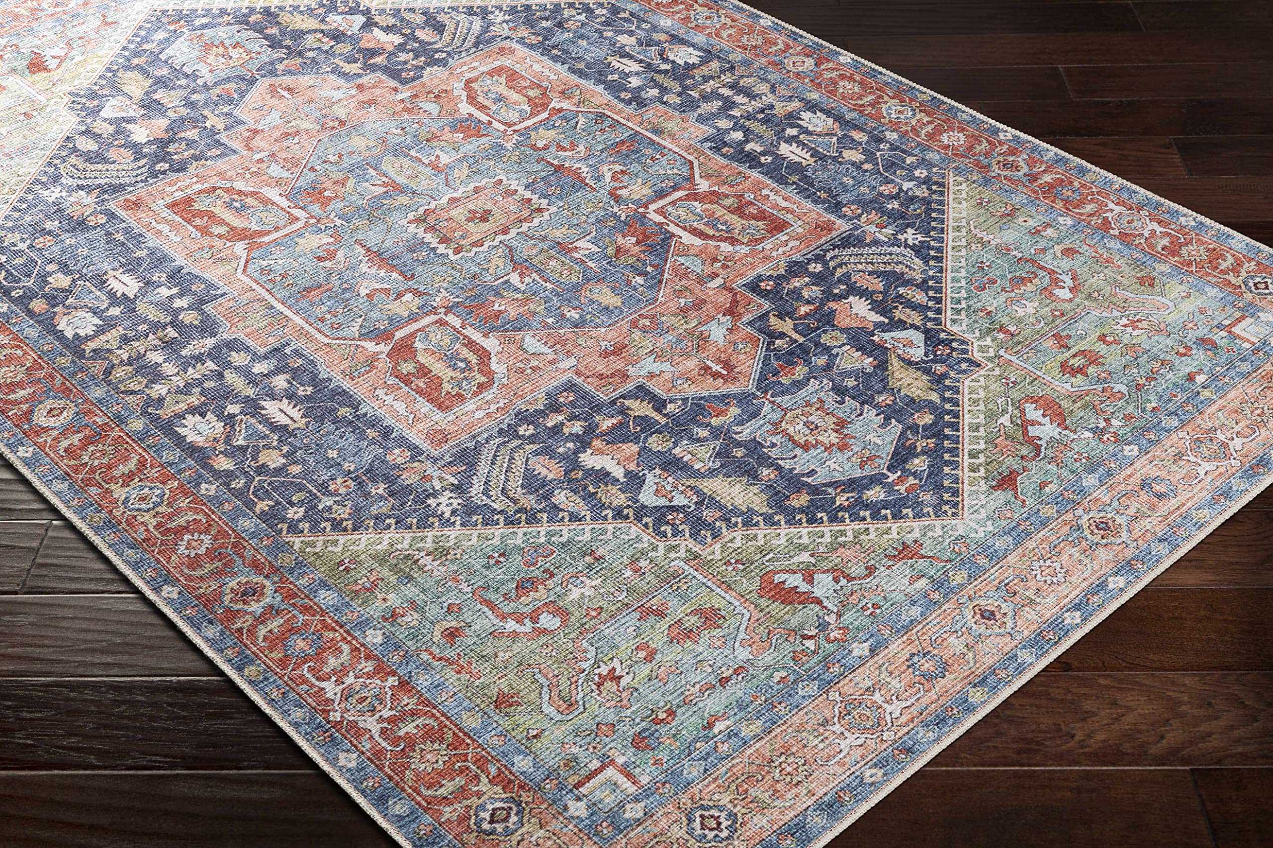 Hauteloom Exira Washable Runner Rug for Hallway & Kitchen - Traditional Design in Blue, Brick Red, Camel - 2'7