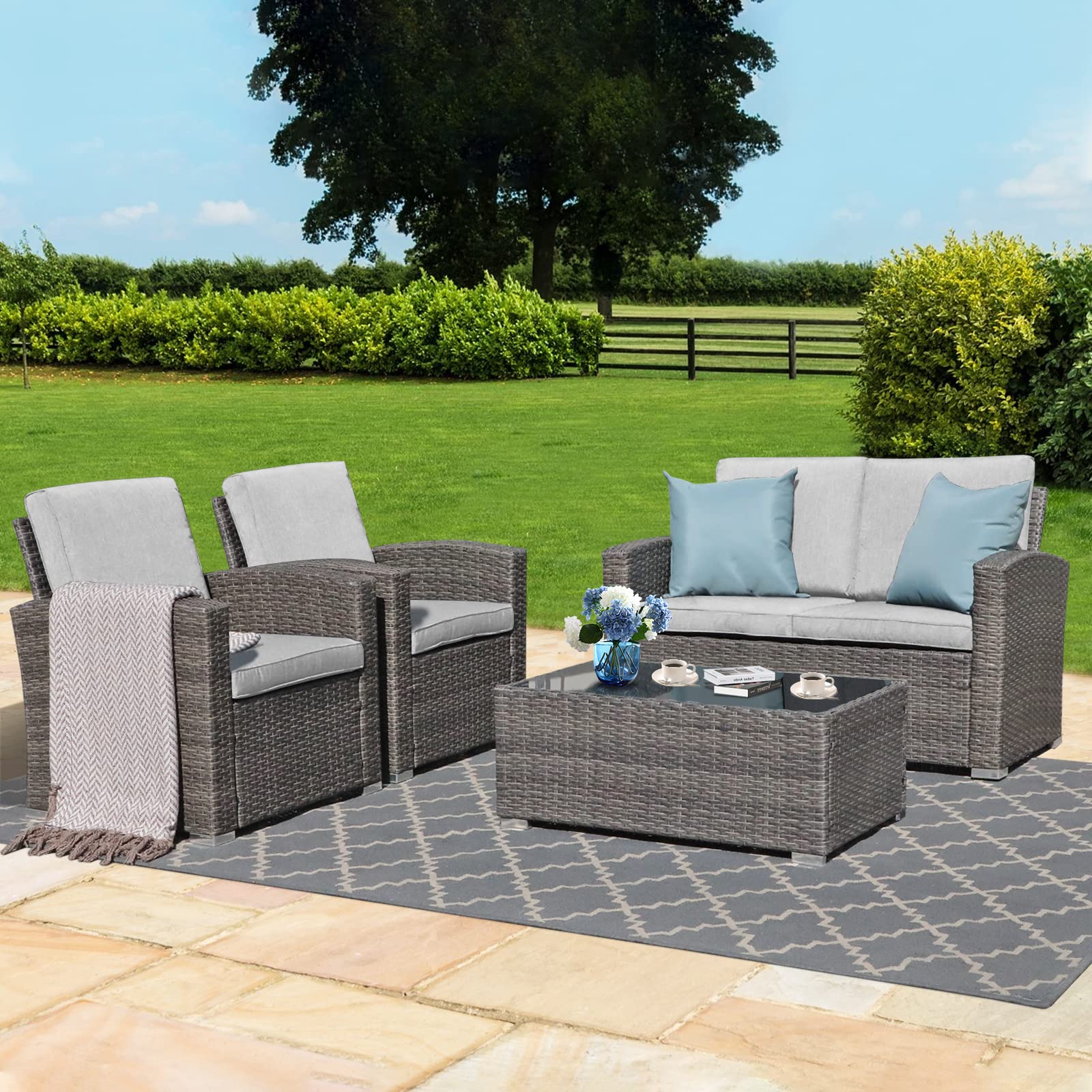 Verano Garden 4-Piece All-Weather Rattan Patio Set with Thick Cushions & Tempered Glass Table - Dark Gray (Light Gray) - Perfect for Outdoor Living, Backyard, Porch & Garden Relaxation