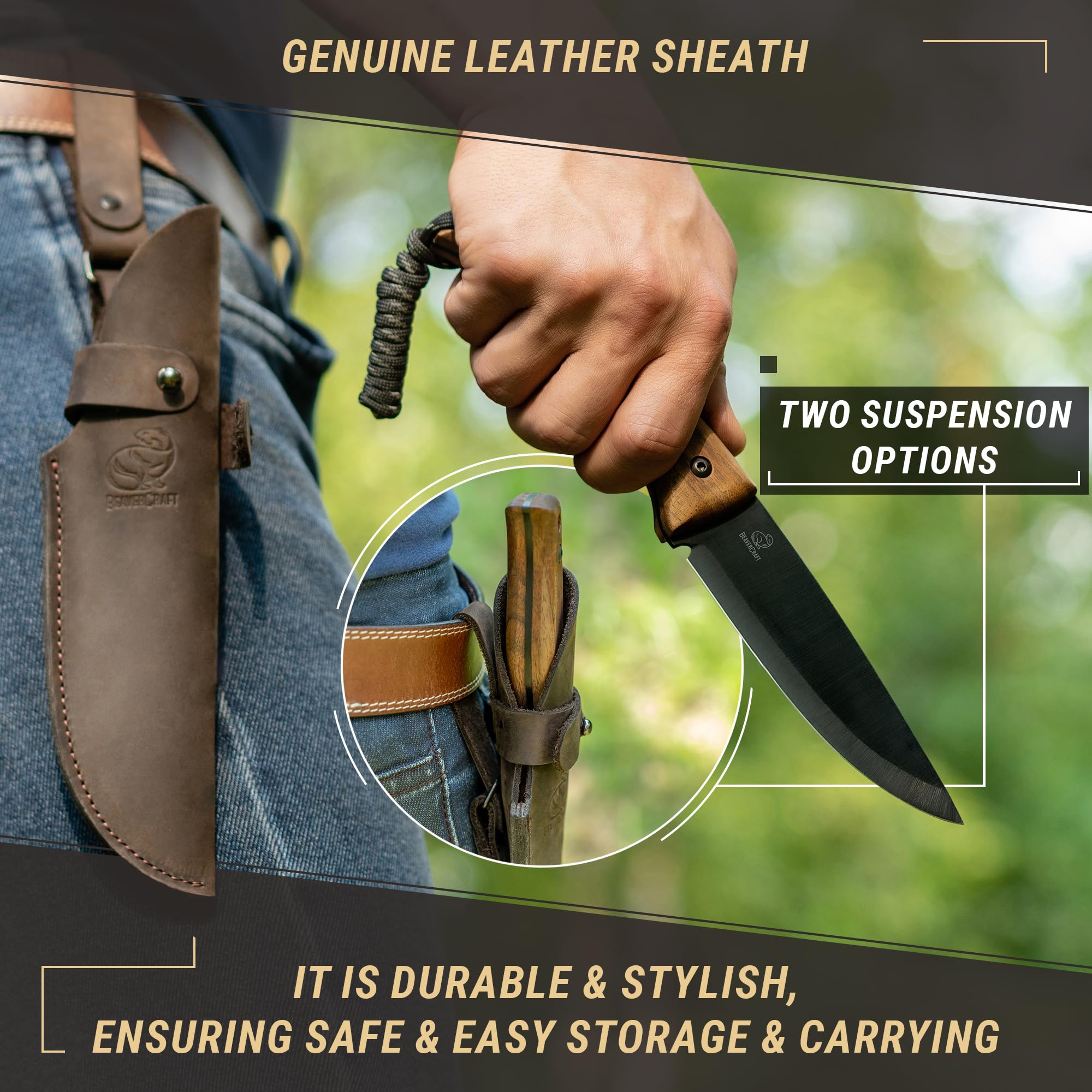 BeaverCraft Full Tang Bushcraft Knife with Leather Sheath - Carbon Steel Fixed Blade Survival Knife for Camping, Hiking & Outdoor Adventures | BSH3 Nightfall | Perfect for Bushcraft, Hunting & Wilderness Survival