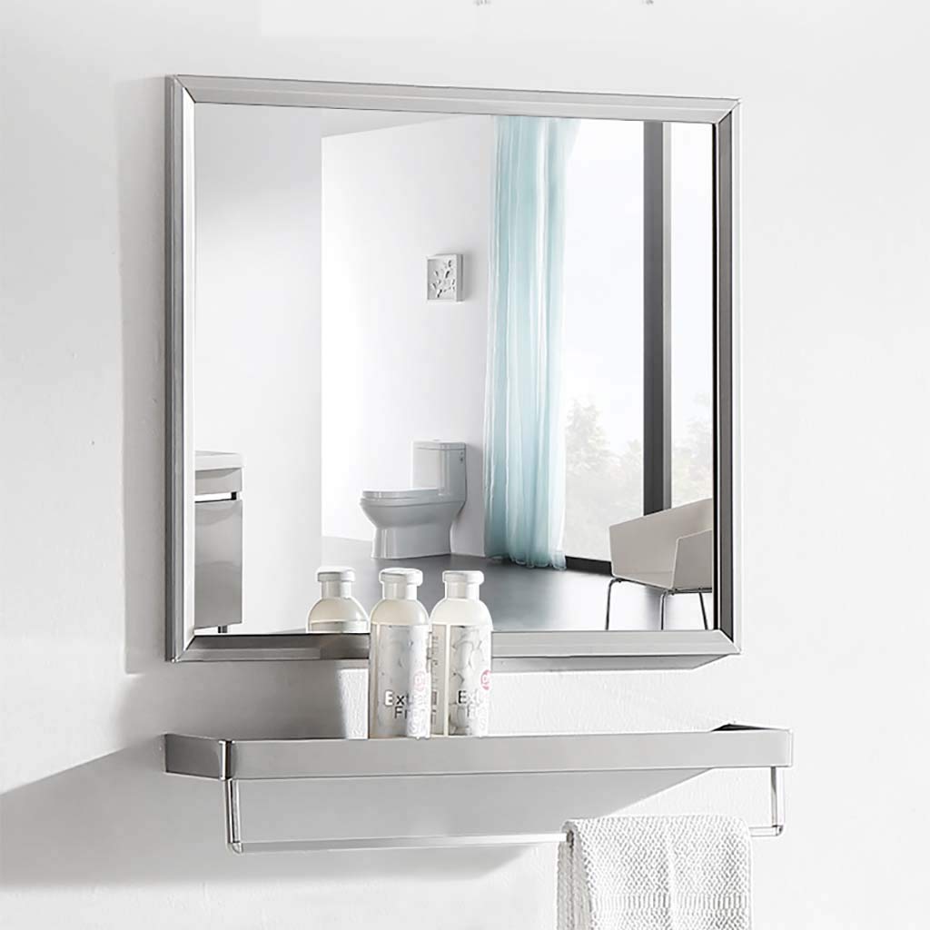 Stainless Steel Rectangle Bathroom Mirror with Shelf & Towel Bar - Wall Mounted Vanity Makeup Mirror with Hardware for Bathroom, Washroom - Perfect for Small Spaces & Modern Home Decor