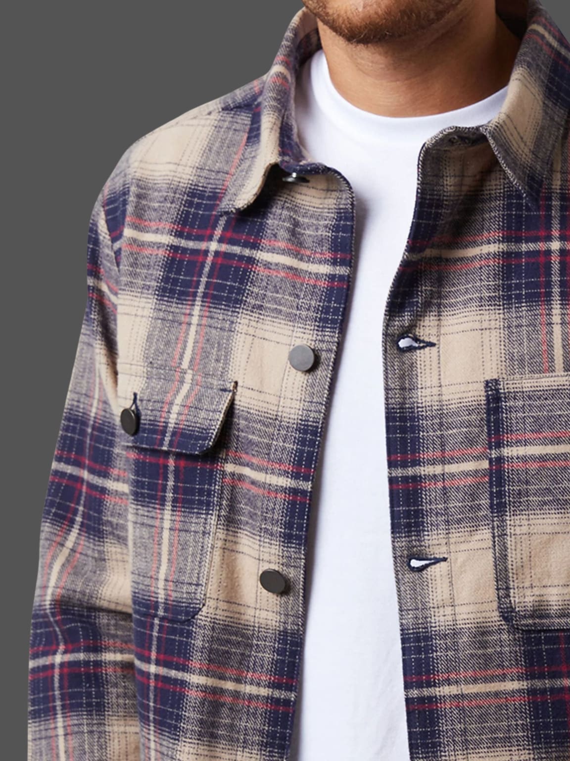 Brave Soul Men's Navy Beige Brushed Cotton Overshirt Jacket - Casual Button-Up Shirt for Layering, Outdoor & Streetwear Fashion