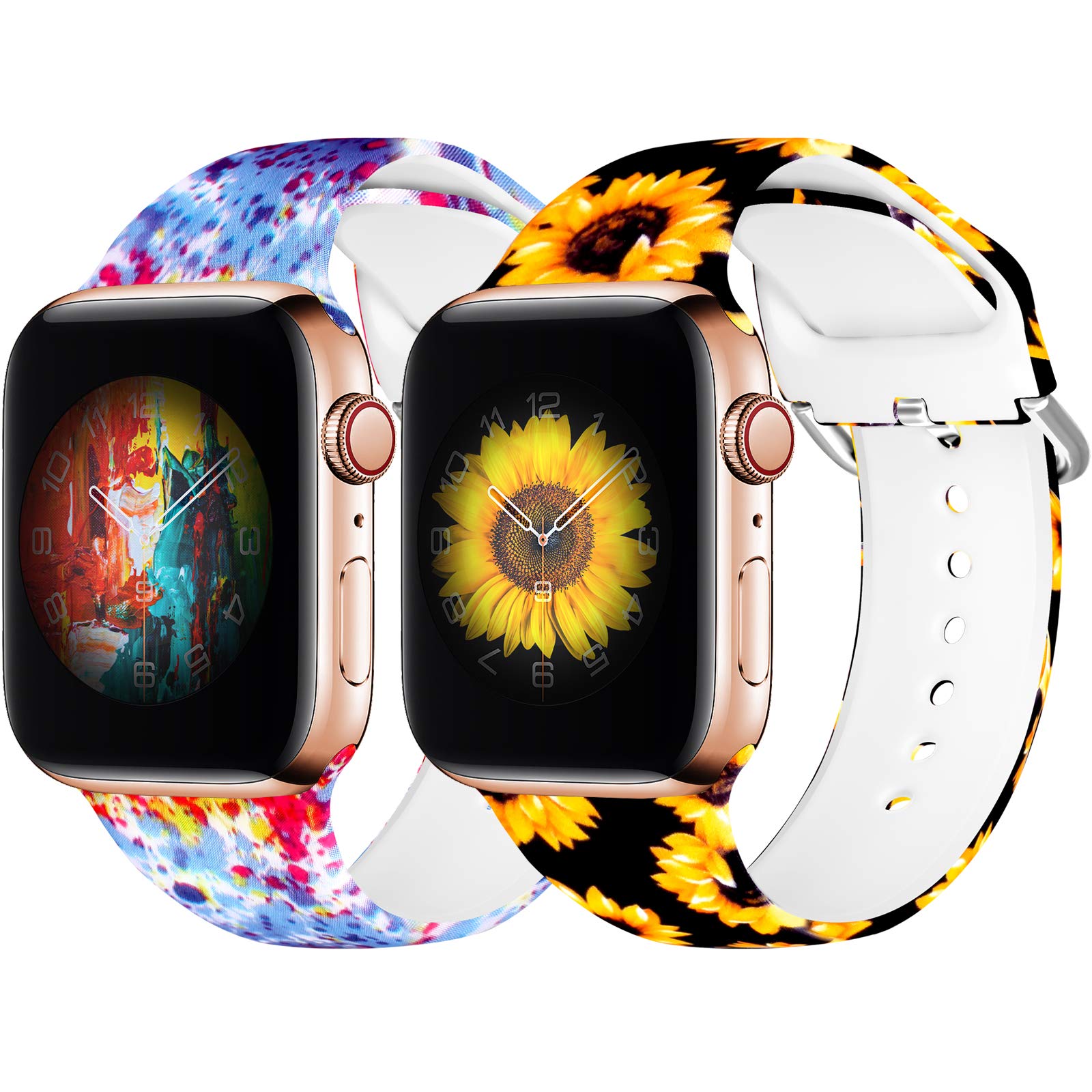 2 Pack Floral Print Sport Silicone Bands Compatible with Apple Watch 38mm 42mm 40mm 44mm 41mm 45mm 49mm - Cute Durable Strap for Women Girls iWatch Ultra SE Series 8/7/6/5/4/3/2/1 - Perfect for Workouts, Running & Everyday Fashion Accessory