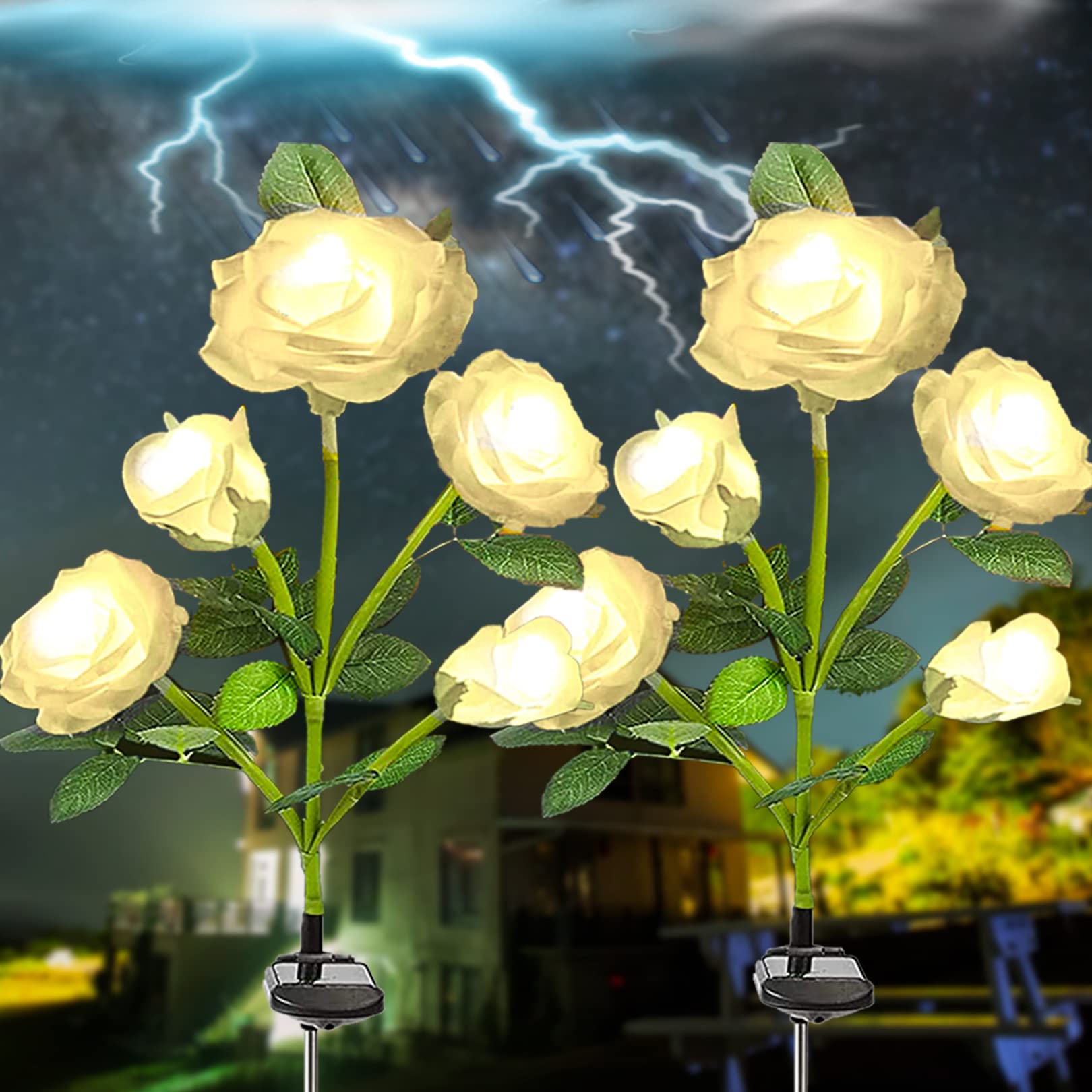 SmilingTown Solar Garden Stake Lights 2 Pack - 10 Rose Flower LED Landscape Path Lights, Waterproof Outdoor Decorative Lighting for Yard, Pathway, Lawn, Cemetery, Courtyard | Solar Powered for Nighttime Illumination & Garden Decor