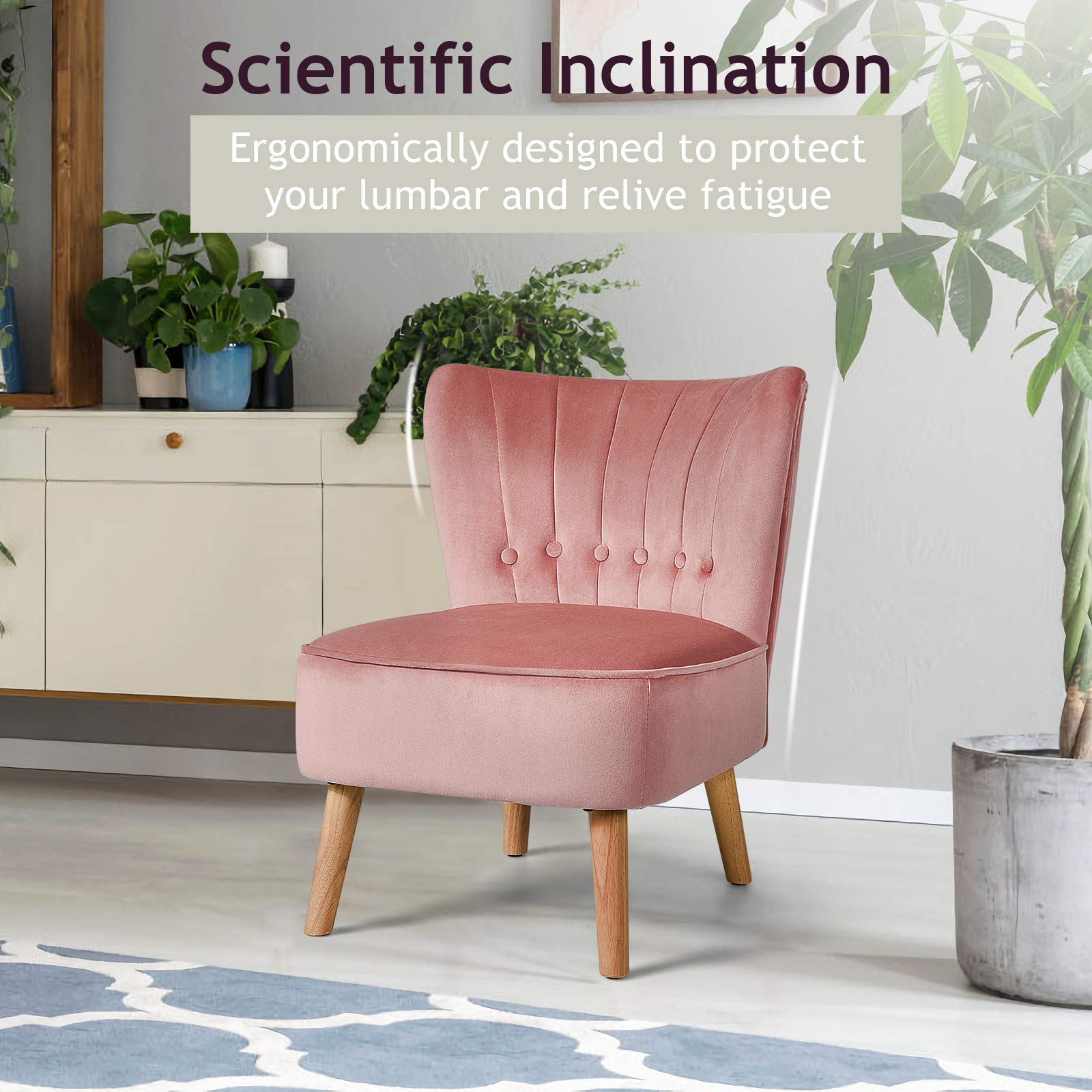 SAFSTAR Armless Accent Chair - Modern Wingback Velvet Sofa Chair with Sturdy Rubber Wood Legs & Plush Padded Seat, Upholstered Lounge Chair for Living Room, Bedroom, Office or Coffee Shop - Perfect for Relaxing, Reading & Entertaining Guests (Pink)