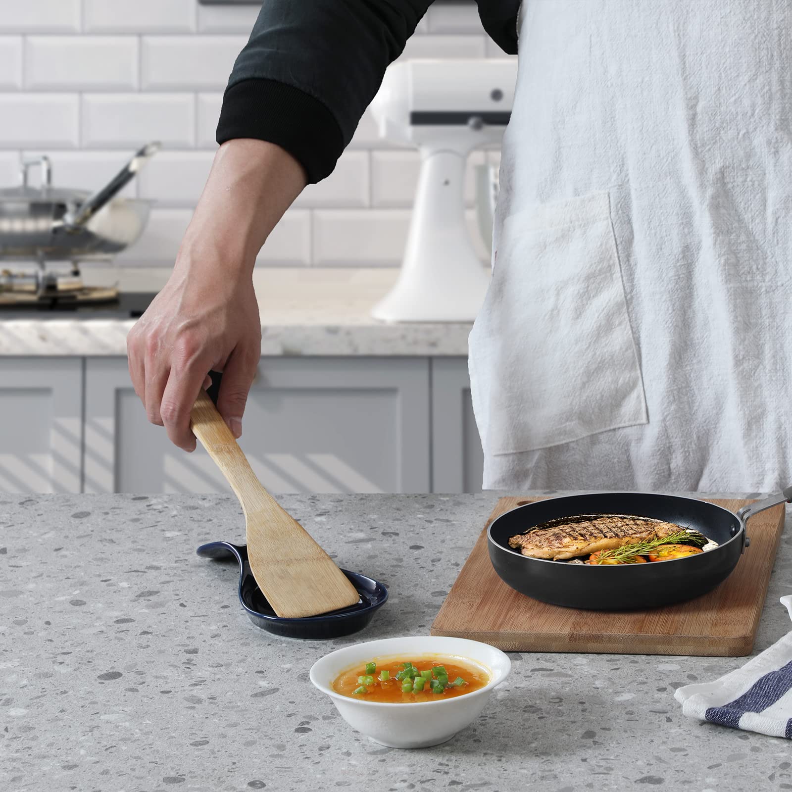 GDCZ Porcelain Spoon Rest - Large Kitchen Utensil Holder for Stove Top & Countertop, Navy Blue - Perfect for Cooking, Serving & Keeping Counter Clean