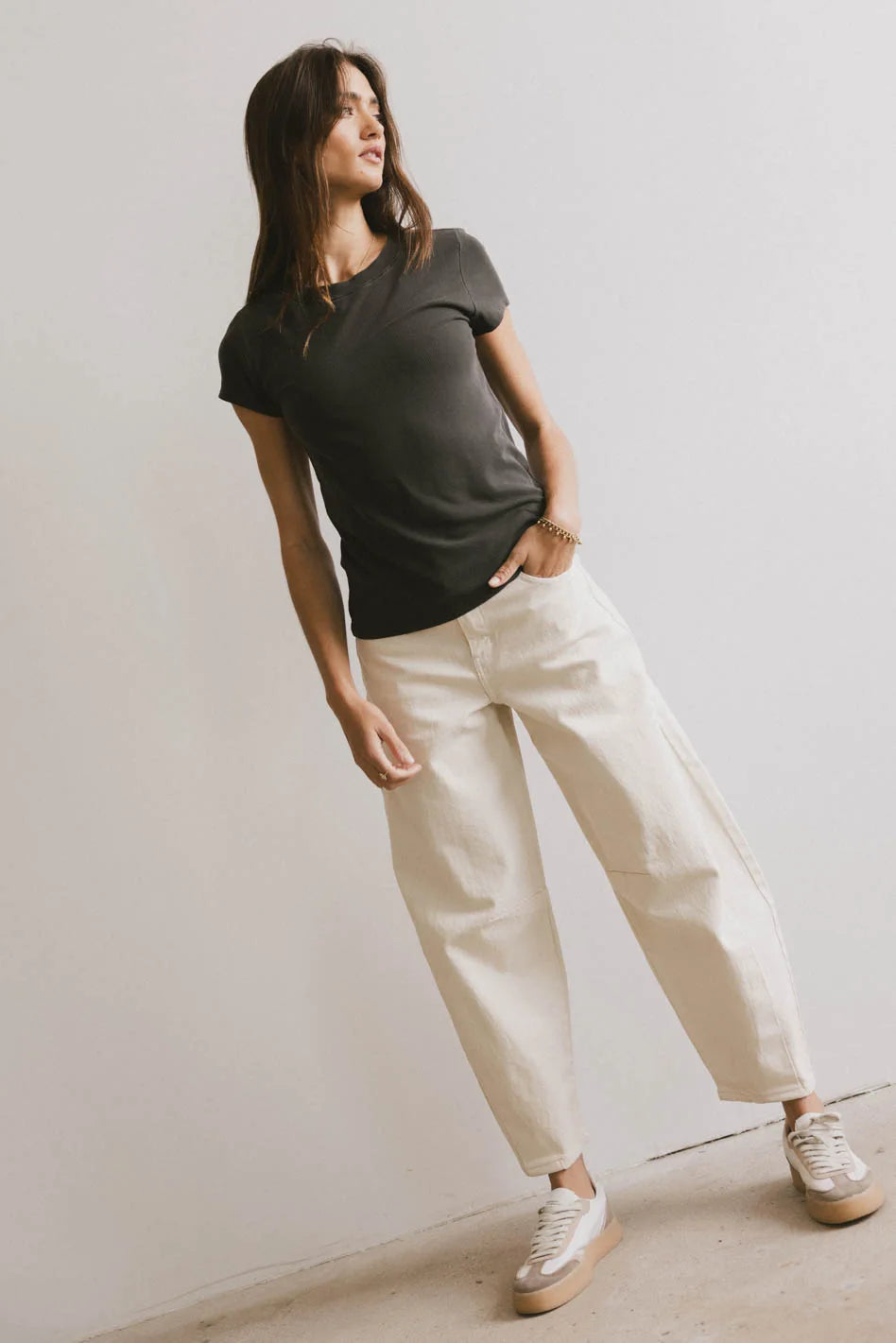 Opal Ribbed Tee in Charcoal - Soft Stretch Cotton Women's T-Shirt for Casual Wear & Layering | Final Sale