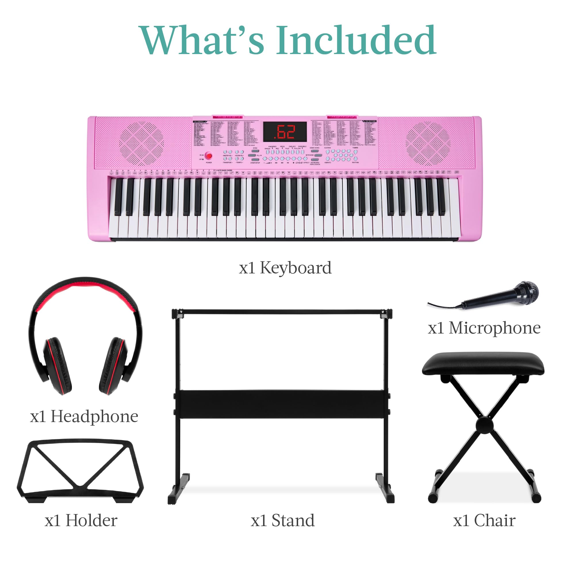 Best Choice Products 61-Key Portable Electronic Keyboard Piano Set with LED Screen, Stand, Bench & Headphones - Pink | Perfect for Beginners, Home Practice & Music Lessons