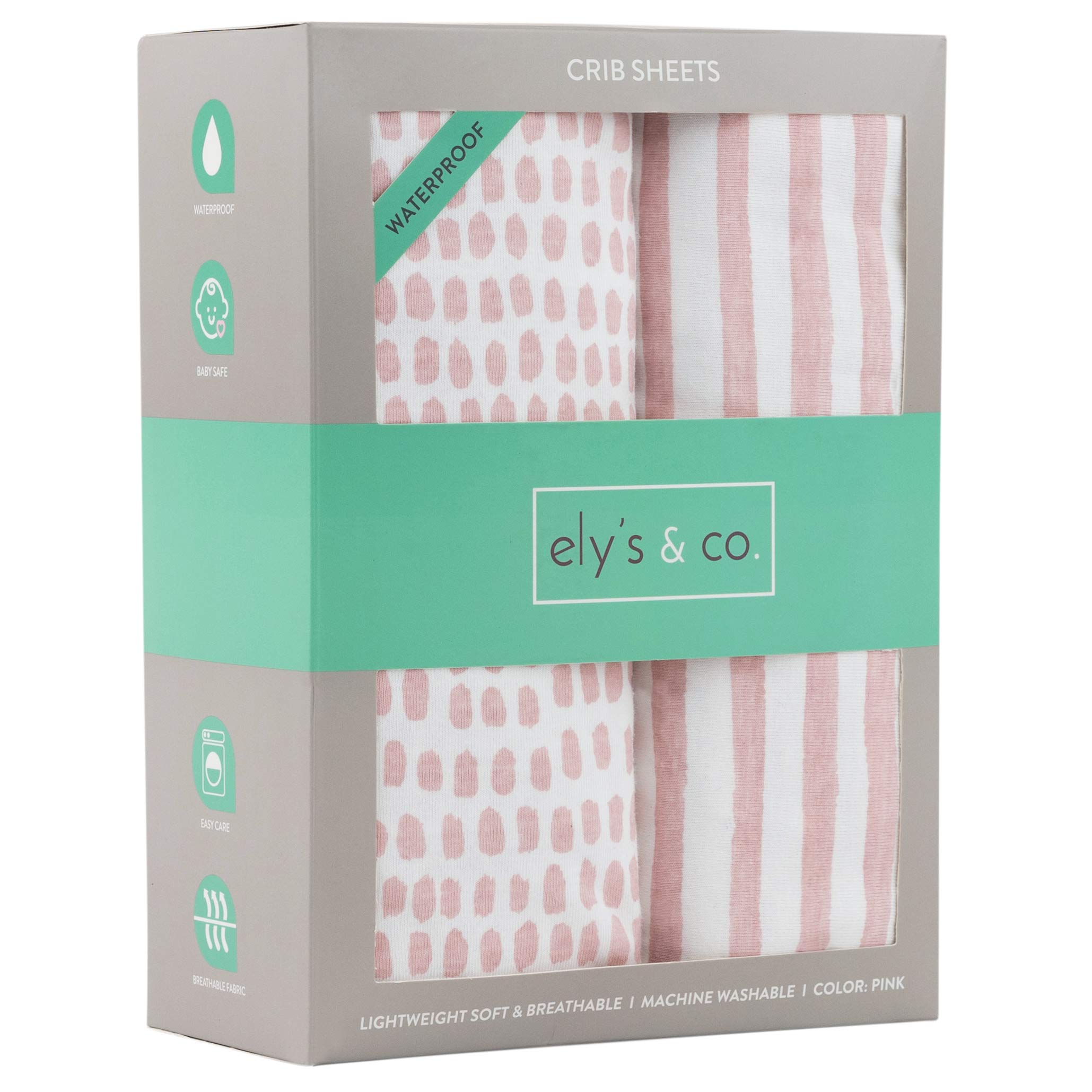 Ely's & Co. Waterproof Crib Sheet for Baby Girls - Soft Toddler Bed Sheet with Mauve Pink Splash & Stripes Design | No Need for Mattress Pad Cover | Perfect for Nursery, Daycare & Travel