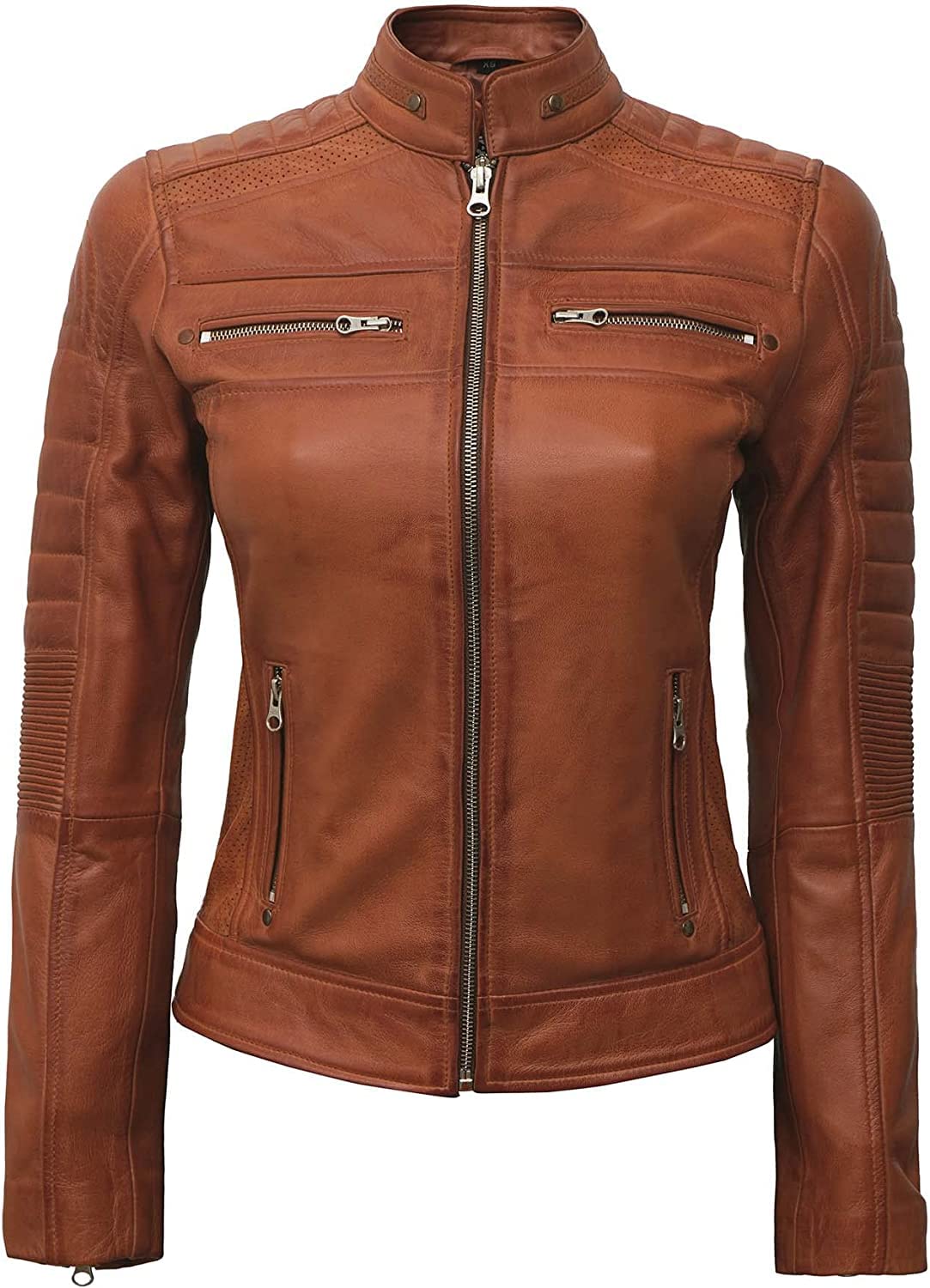 Genuine Leather Cafe Racer Jacket for Women - Natural Grain Stand Collar Motorcycle Jacket | Stylish Biker Outerwear for Riding, Casual Wear & Fashion Outfits