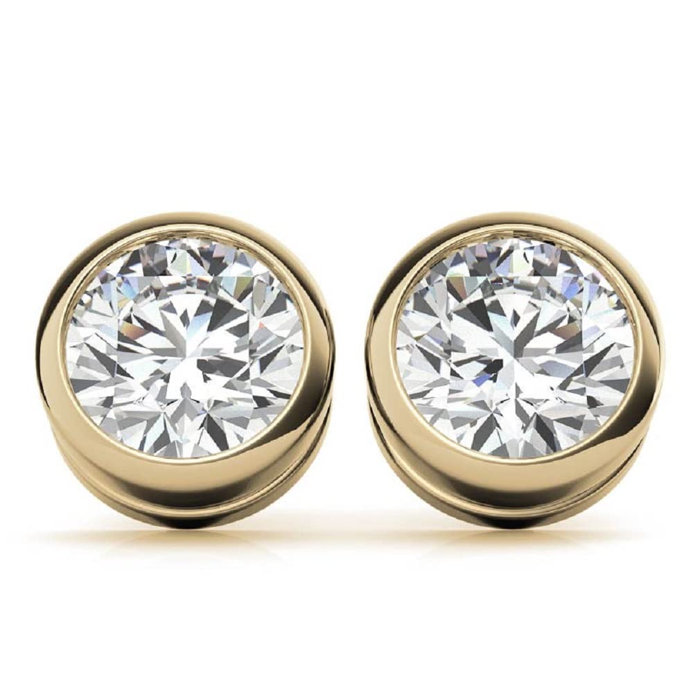 10K/14K/18K Solid Yellow Gold Handmade Stud Earrings with 2 TCW Round Cut Moissanite - Bezel Set Diamond Anniversary Earrings for Women - Perfect for Engagement, Bridal Gifts, Push/Screw Back (MDEAR014) - Ideal for Weddings, Anniversaries & Special Occasions