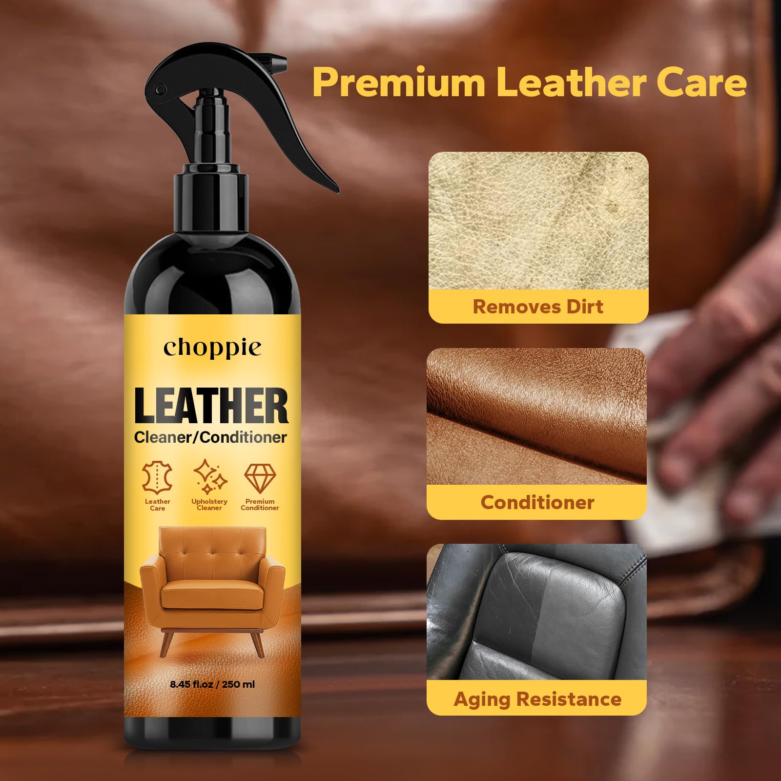 Premium Leather Cleaner & Conditioner (8.45 Fl Oz) - Restores & Protects Furniture, Car Seats, Couch & Auto Interiors | Leather Care Kit for Sofas, Jackets, Bags & More