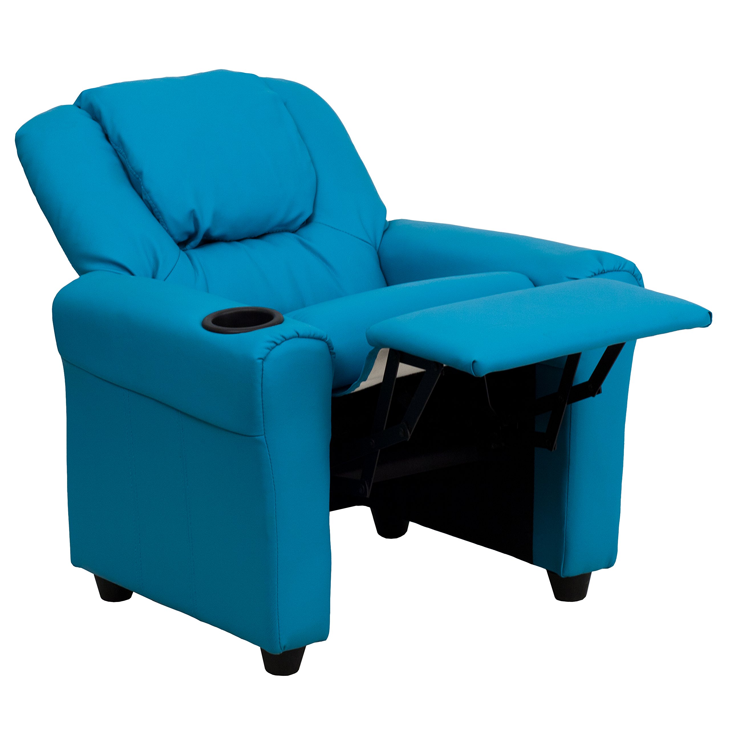 Turquoise Vinyl Kids Recliner Chair with Cup Holder & Headrest - Comfortable Lounge Chair for Boys & Girls - Perfect for Bedroom, Playroom, or Movie Night