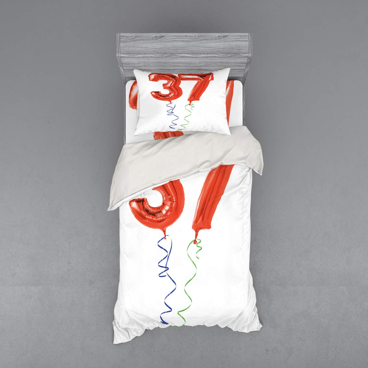Ambesonne 37th Birthday Duvet Cover Set - Flying Balloons Design for Twin XL Bed | 3-Piece Bedding Set with Sham & Fitted Sheet in Red & White | Perfect for Adult Birthday Parties, Surprise Gifts & Bedroom Decor