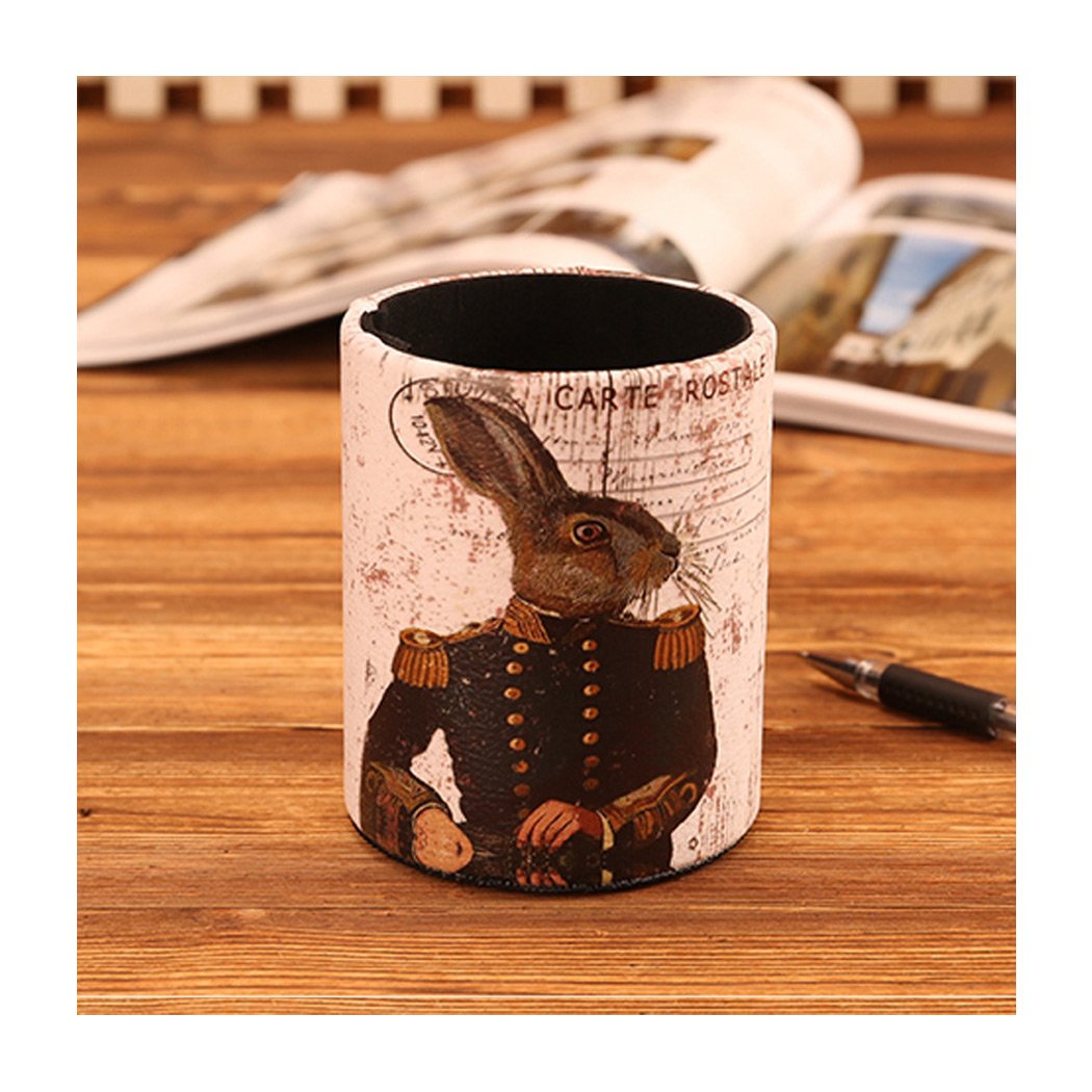 Premium PU Leather Pen Holder & Desk Organizer with Rabbit Design - Stylish Round Pencil Container for Office, School, and Home Workspace Organization