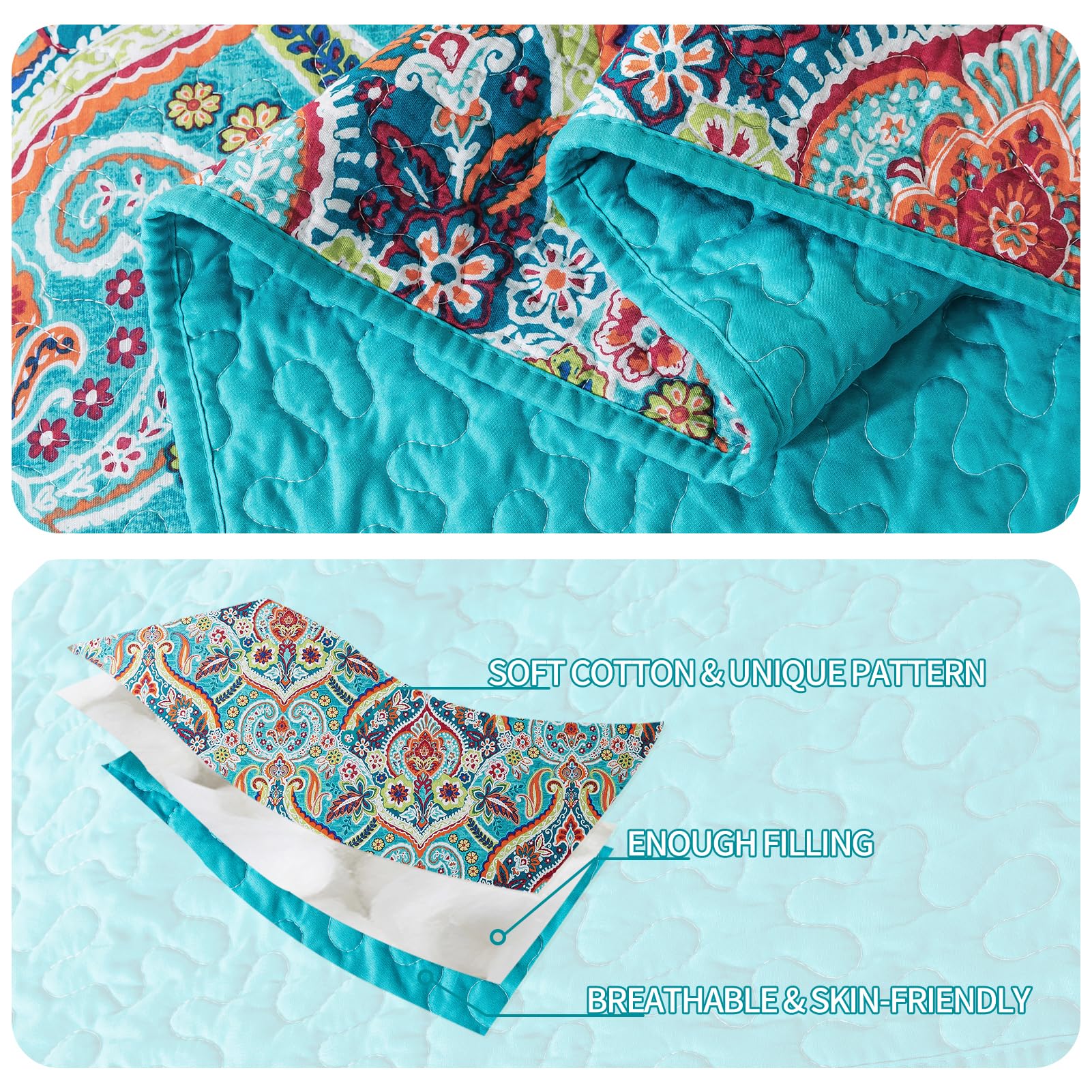 BEDIFANY Queen Size Quilt Set - Lightweight 100% Cotton Reversible Bedspread Coverlet (90x98 Inches) with Boho Design - 3-Piece Bedding Set for Comfortable Sleep - Perfect for Guest Rooms, Master Bedrooms & Cozy Home Decor