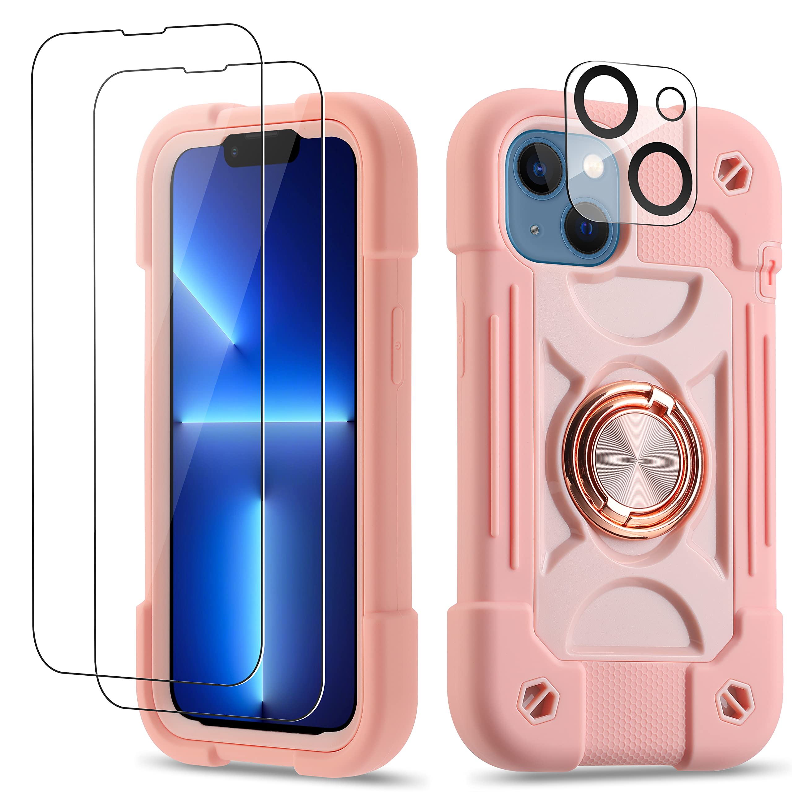 Premium Shockproof iPhone 14/13 Case 6.1 Inch with Ring Stand - Military Grade Rugged Cover Includes 2 Pack Tempered Glass Screen Protector + Camera Lens Protector (Pink) - Perfect for Outdoor Adventures, Work & Daily Protection