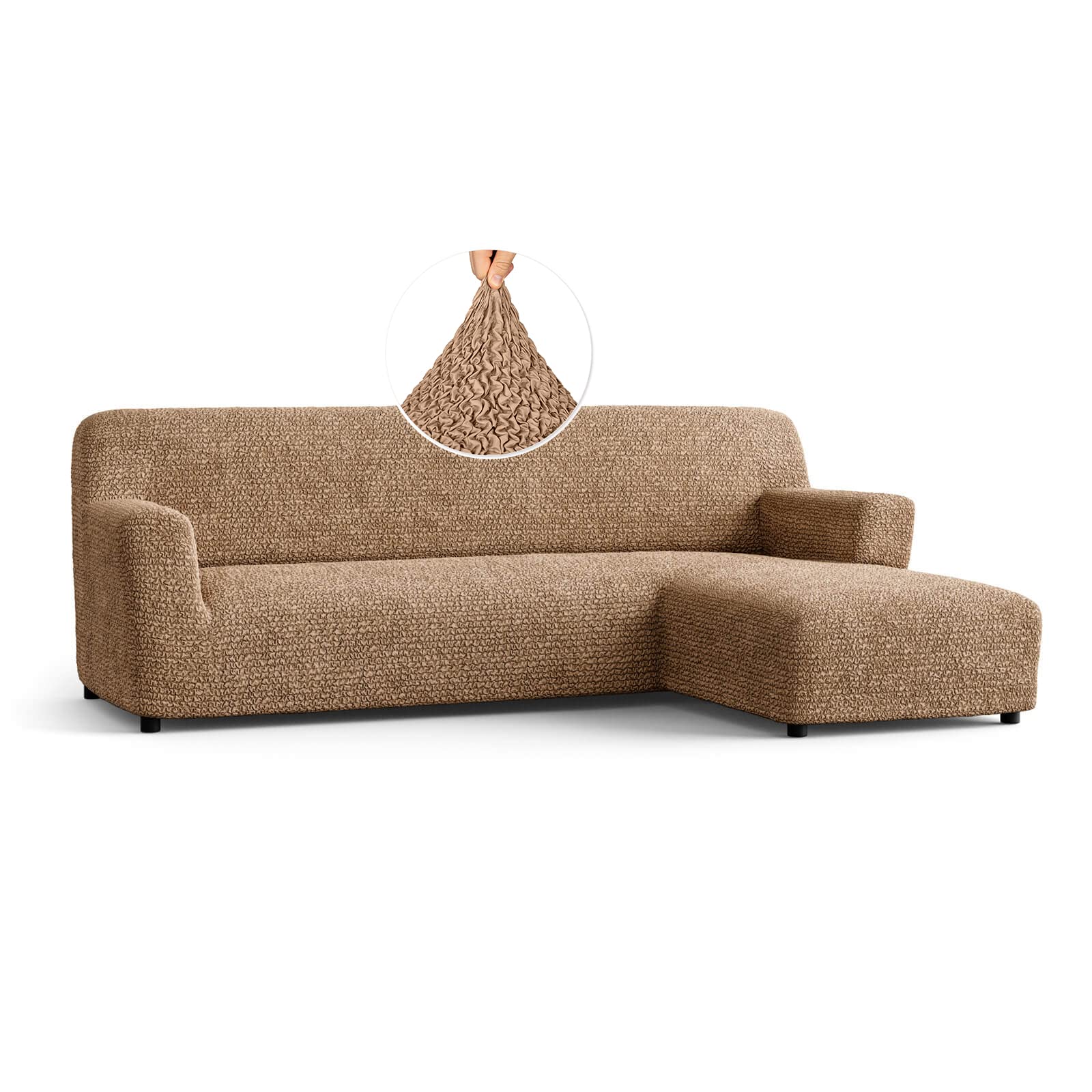 L-Shaped Sectional Sofa Cover - Soft Polyester Stretch Slipcover - 1-Piece Form Fit Furniture Protector - Microfiber Collection in Tan (Right Chase) - Perfect for Living Room, Family Room & Home Theater Seating Protection