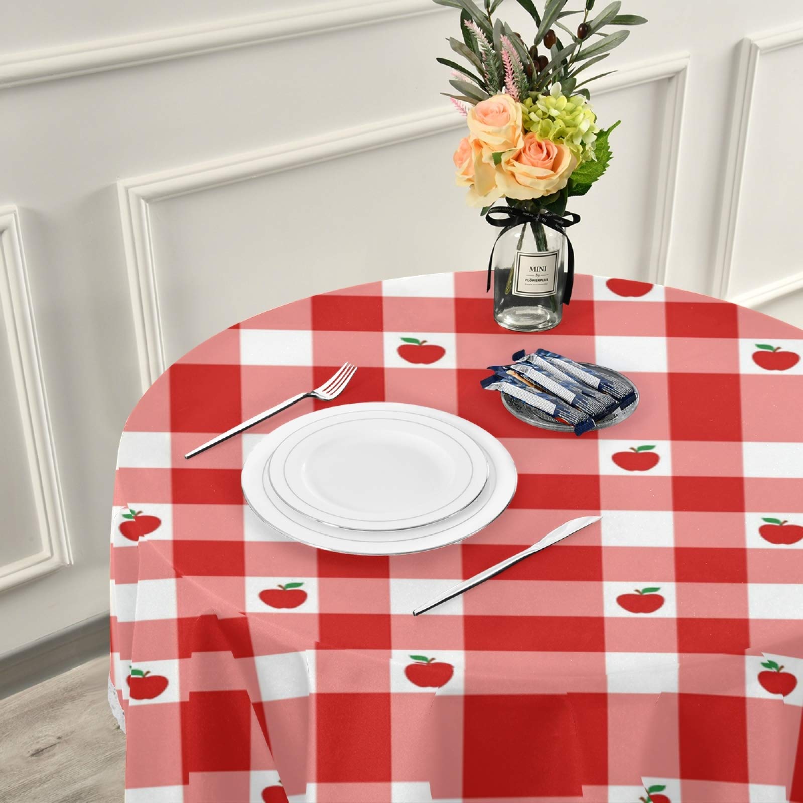 Red Apples Buffalo Plaid Round Tablecloth - 60 Inch Washable Polyester Table Cover for Kitchen, Party, Picnic & Dining Decor | Fresh Fruits Check Circular Tabletop Runner | Perfect for Holiday Gatherings, Farmhouse Decor & Outdoor Events
