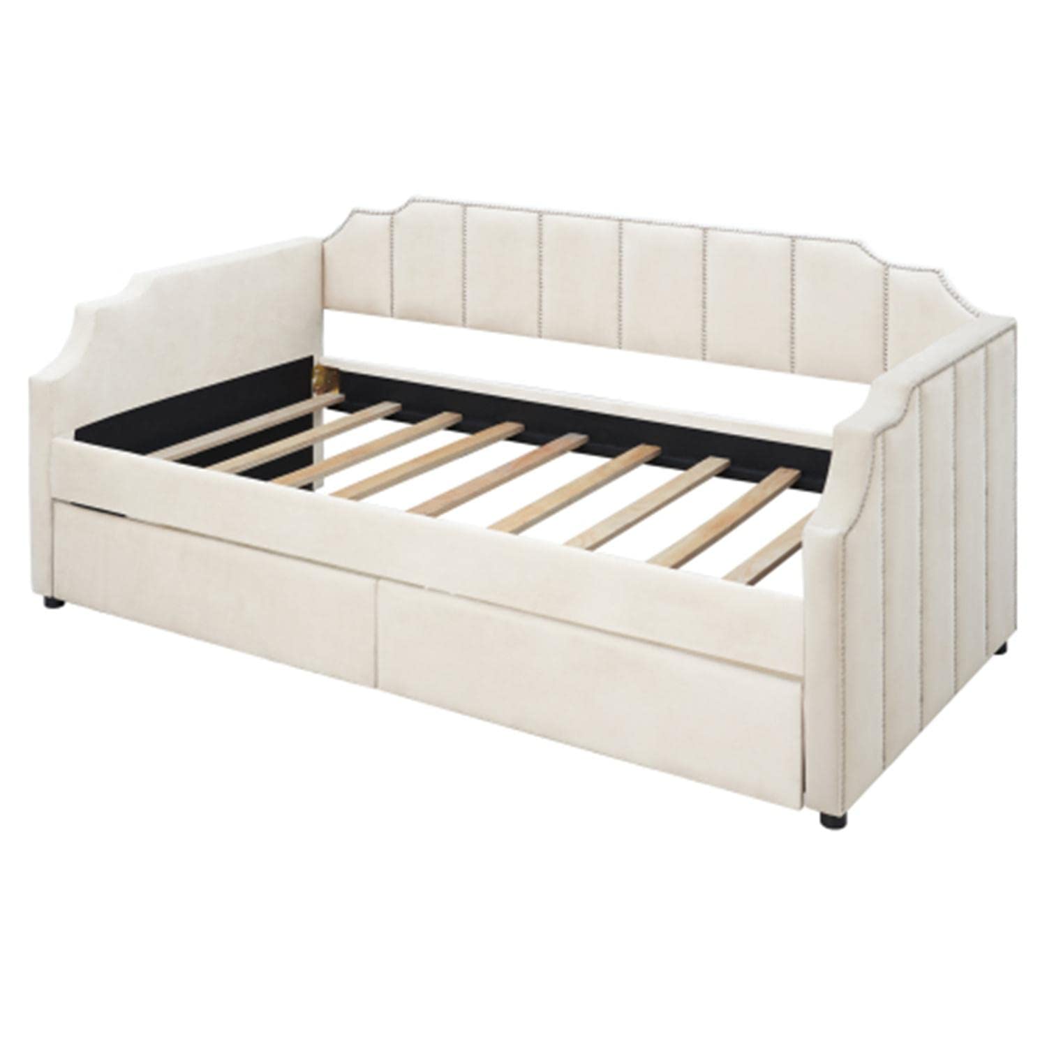 Twin Size Daybed Frame with 2 Drawers - Modern Upholstered Sofa Bed for Bedroom & Living Room, Beige | Space-Saving Sleeper Solution for Guest Rooms, Dorms & Small Apartments