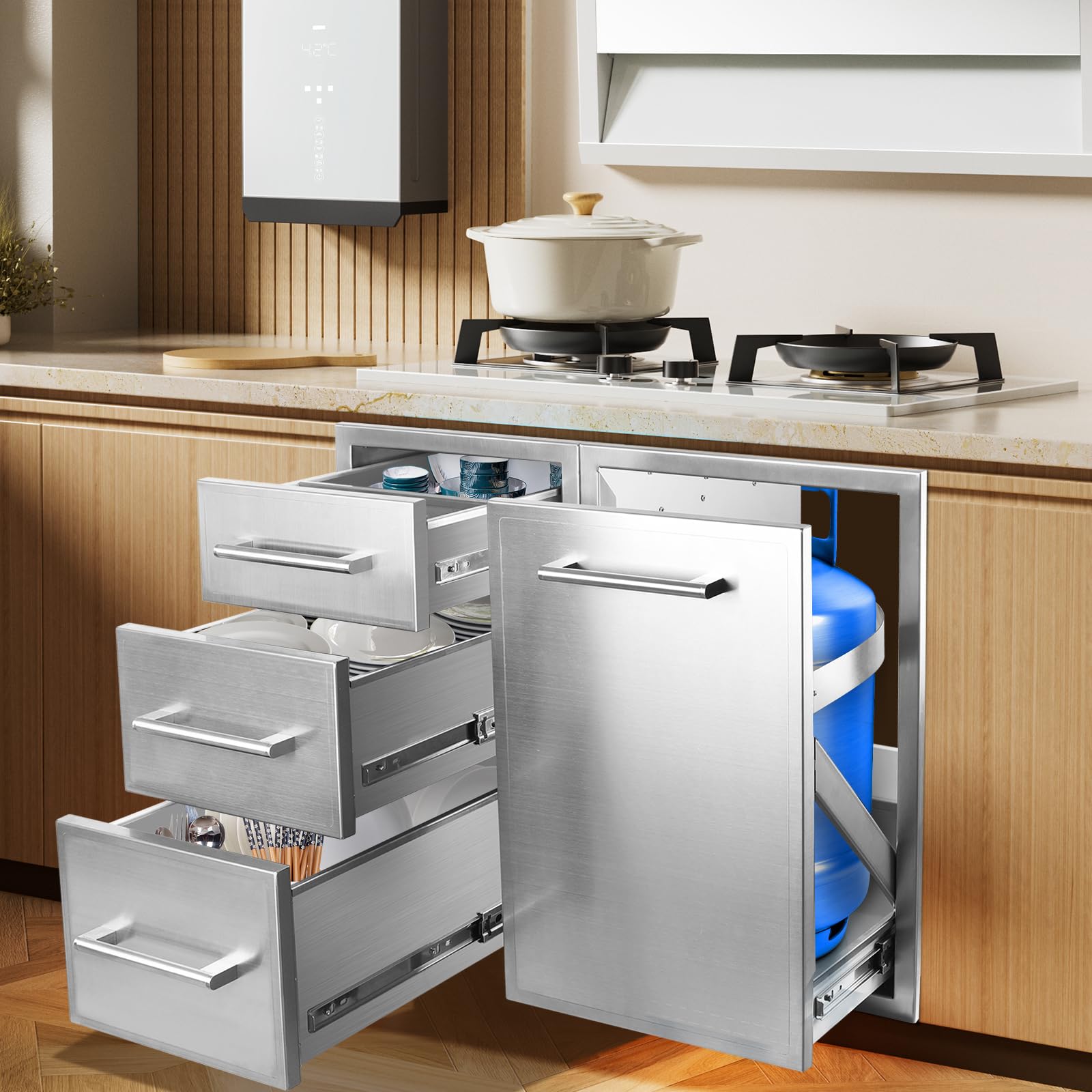Outdoor Kitchen Drawer Combo with BBQ Access Trash Drawer & Propane Tank Tray - 29.5