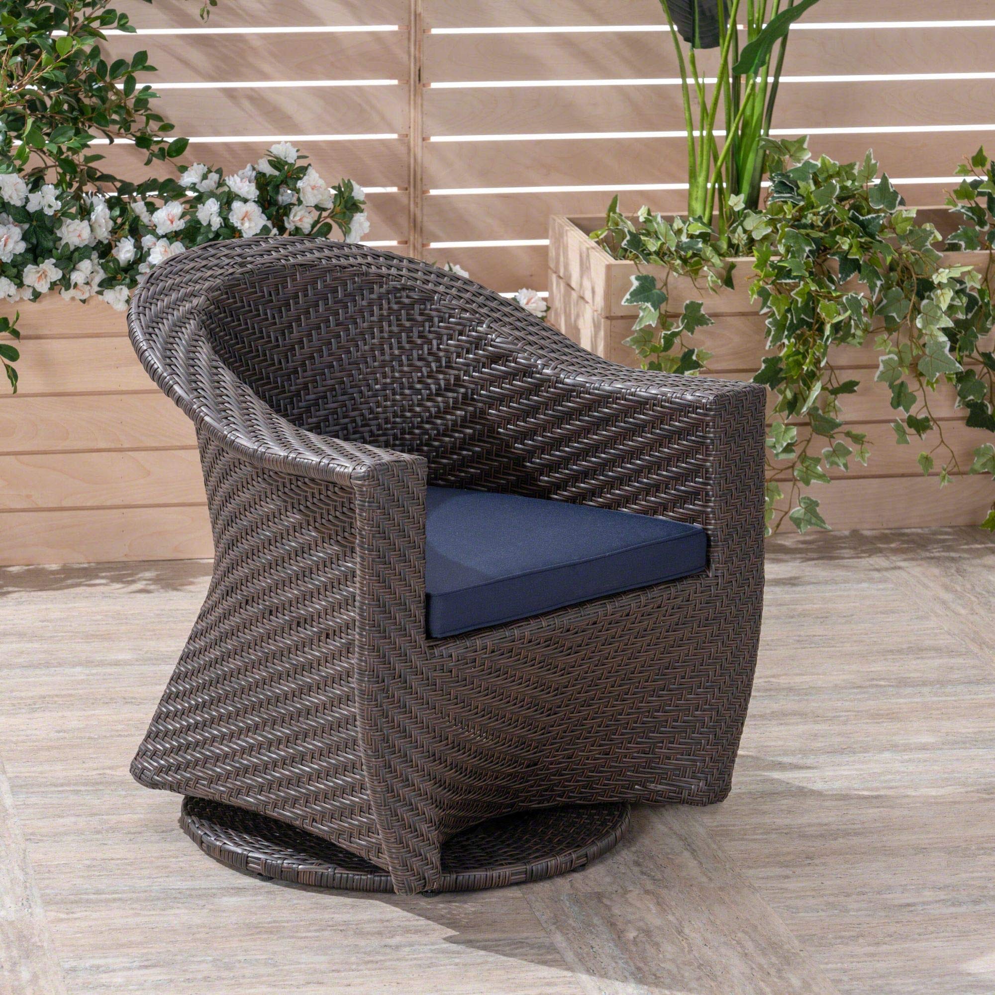 Noble House Larchmont Outdoor Wicker Swivel Chair - Multi Brown & Navy - Weather-Resistant Patio Furniture for Garden, Poolside & Deck Relaxation